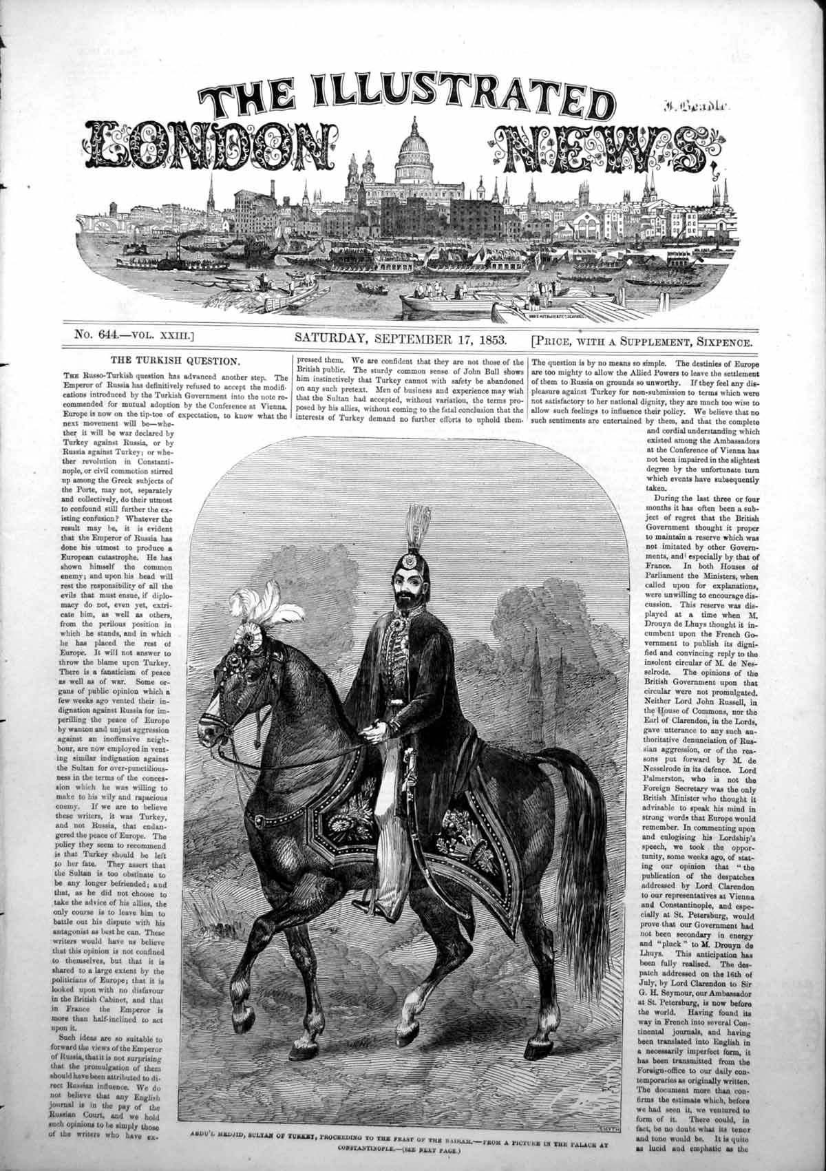 Old Antique Print Abdul Medjid Sultan Turkey Proceeding Feast Bairam 1853 19th