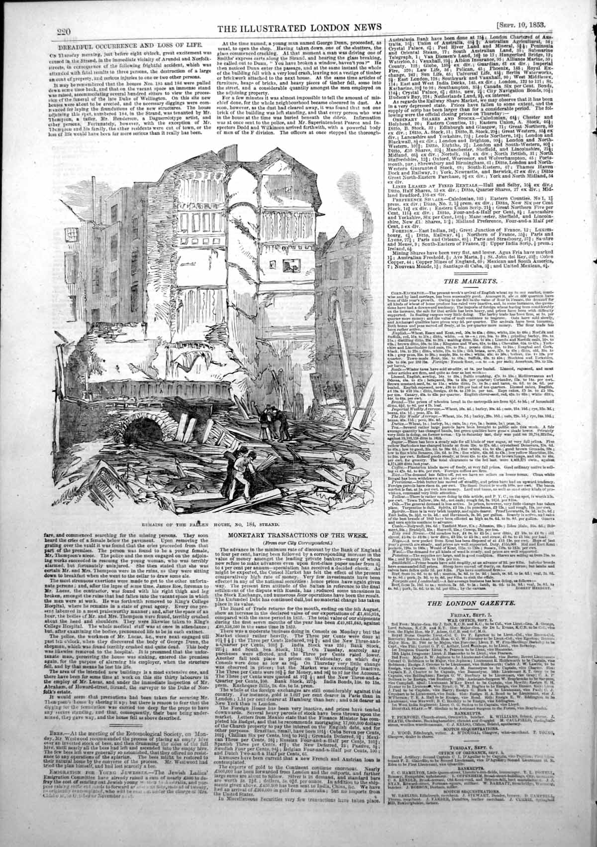 Antique Old Print Remains Fallen House No 184 Strand Loss Three Lives 1853 19th