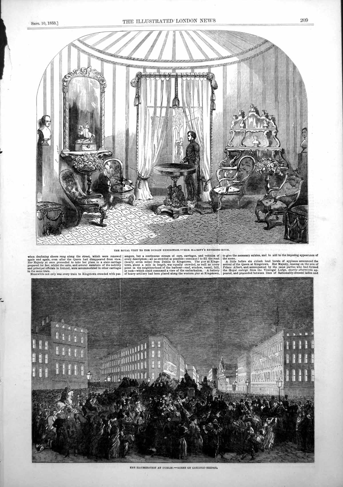 Old Queen Visit Dublin Exhibition Illuminations Carlisle Bridge 1853 Victorian