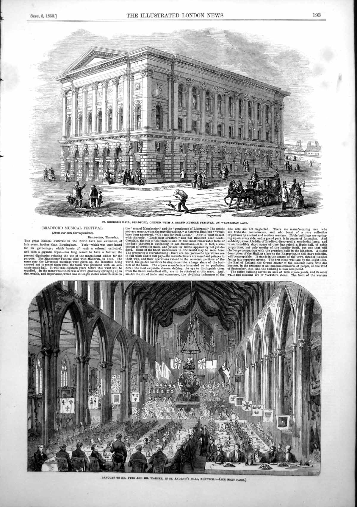 Antique Old Print St Georges Hall Bradford Banquet Peto Warner Norwich 1853