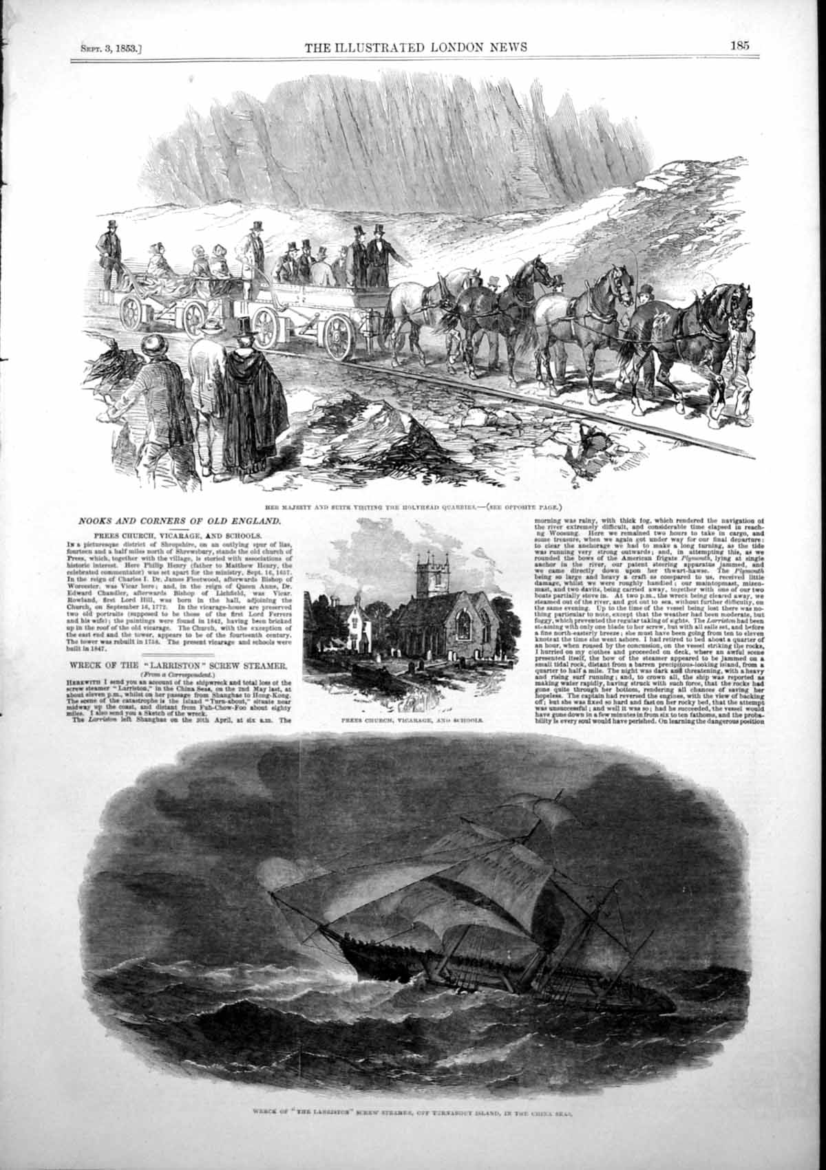 Antique Print Prees Church Vicarage Schools Wreck Larriston China Sea 1853 19th