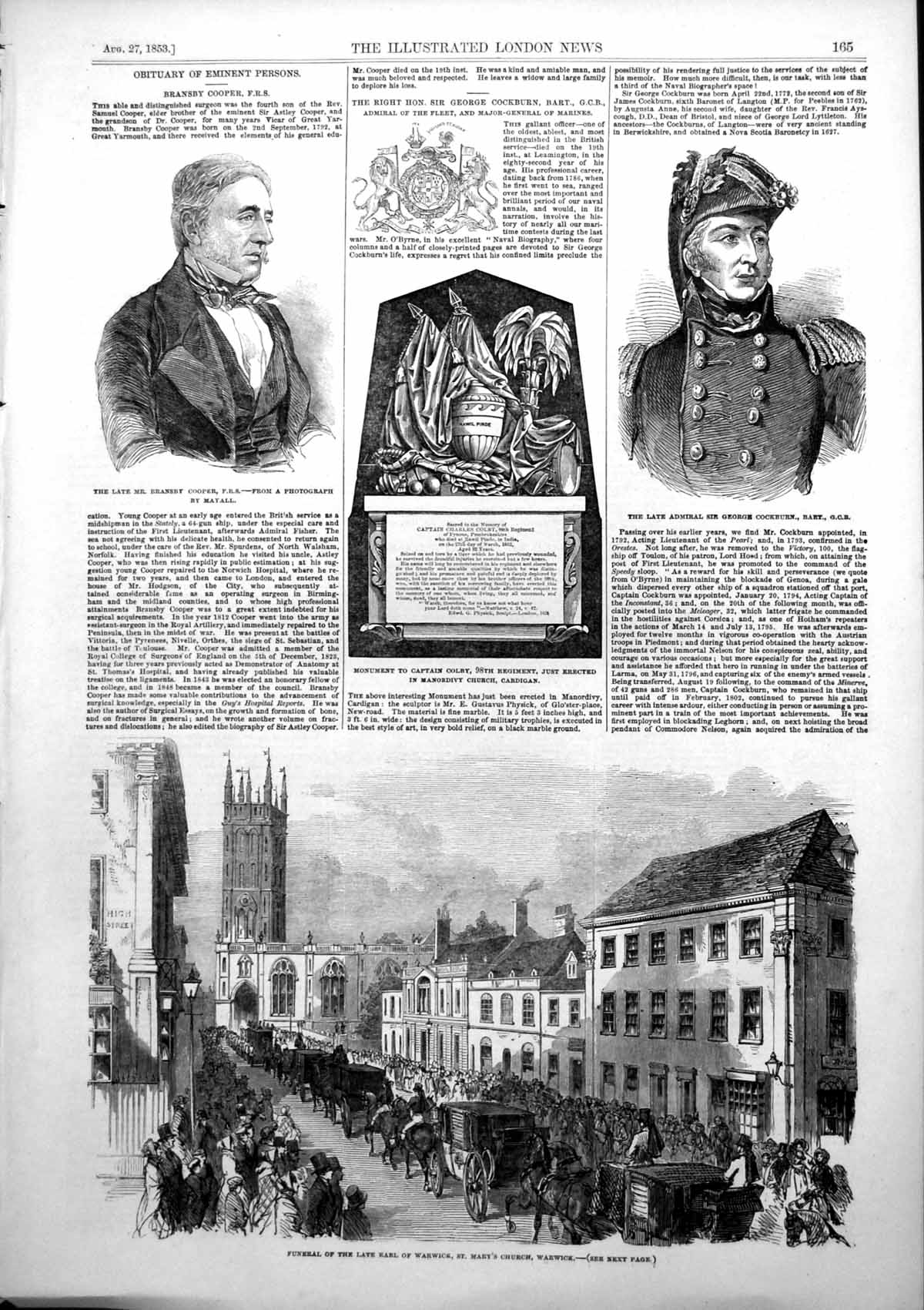 Antique Print Funeral Earl Warwick Bransby Cooper Sir George Cockburn 1853 19th