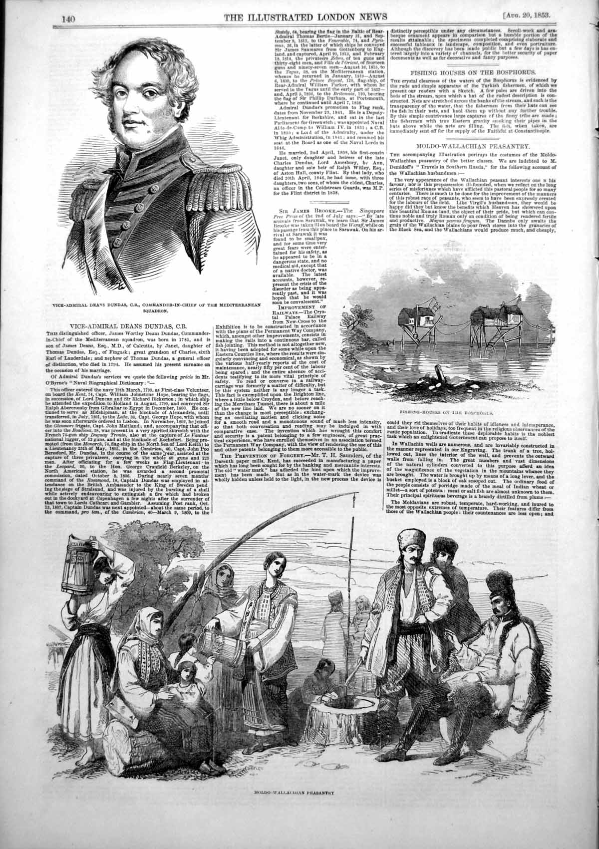 Old Antique Print Vice Admiral Deans Dundas Fishing Houses Bosphorus 1853 19th