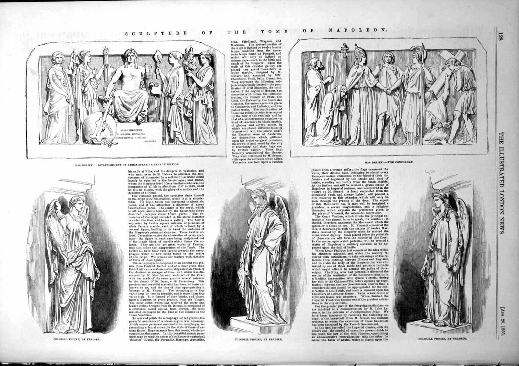 Original Old Antique Print Sculpture Tomb Napoleon Colossal Figure Pradier 1853