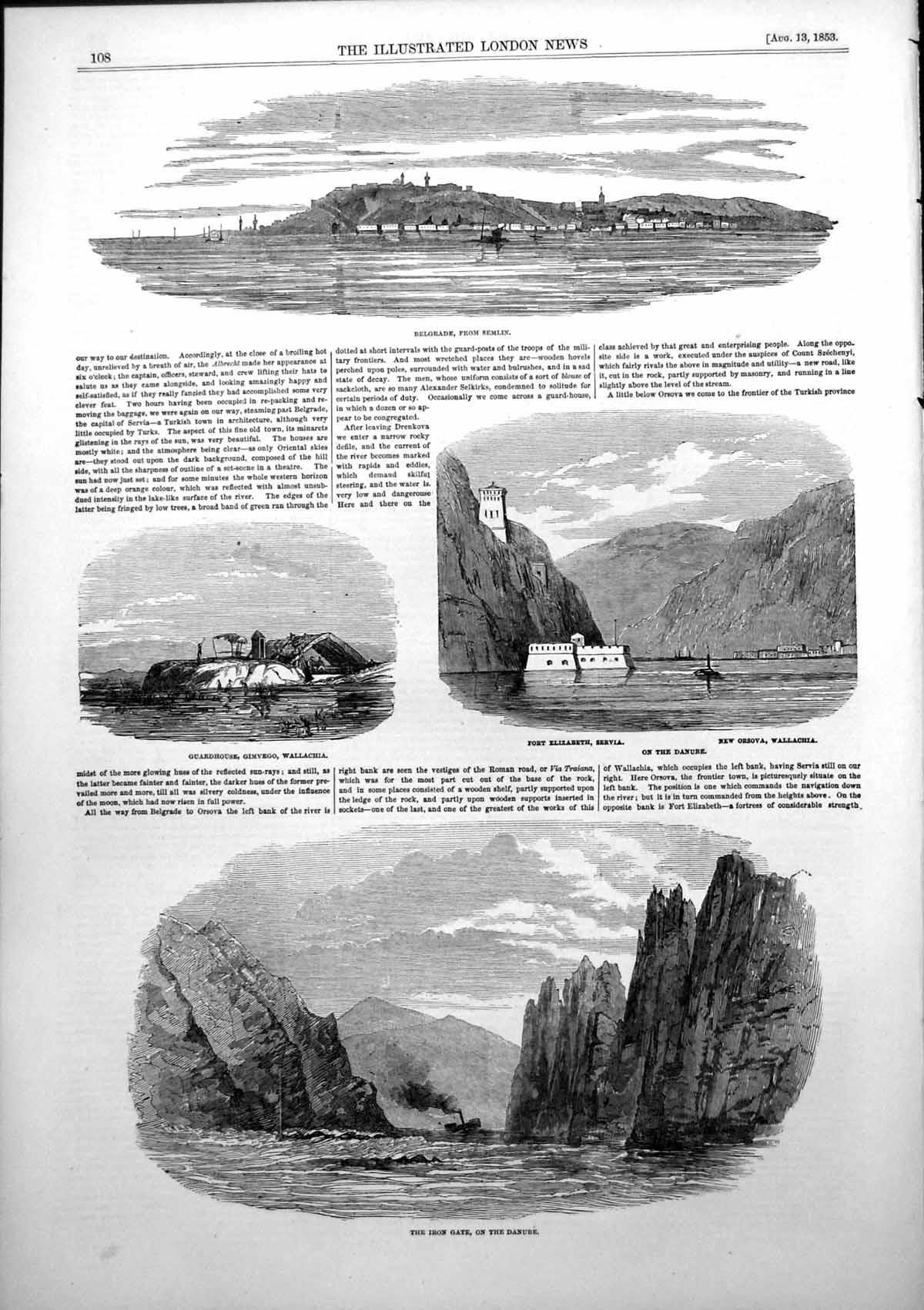 Antique Old Print Belgrade Fort Elizabeth Servia New Orsova Wallachia 1853 19th