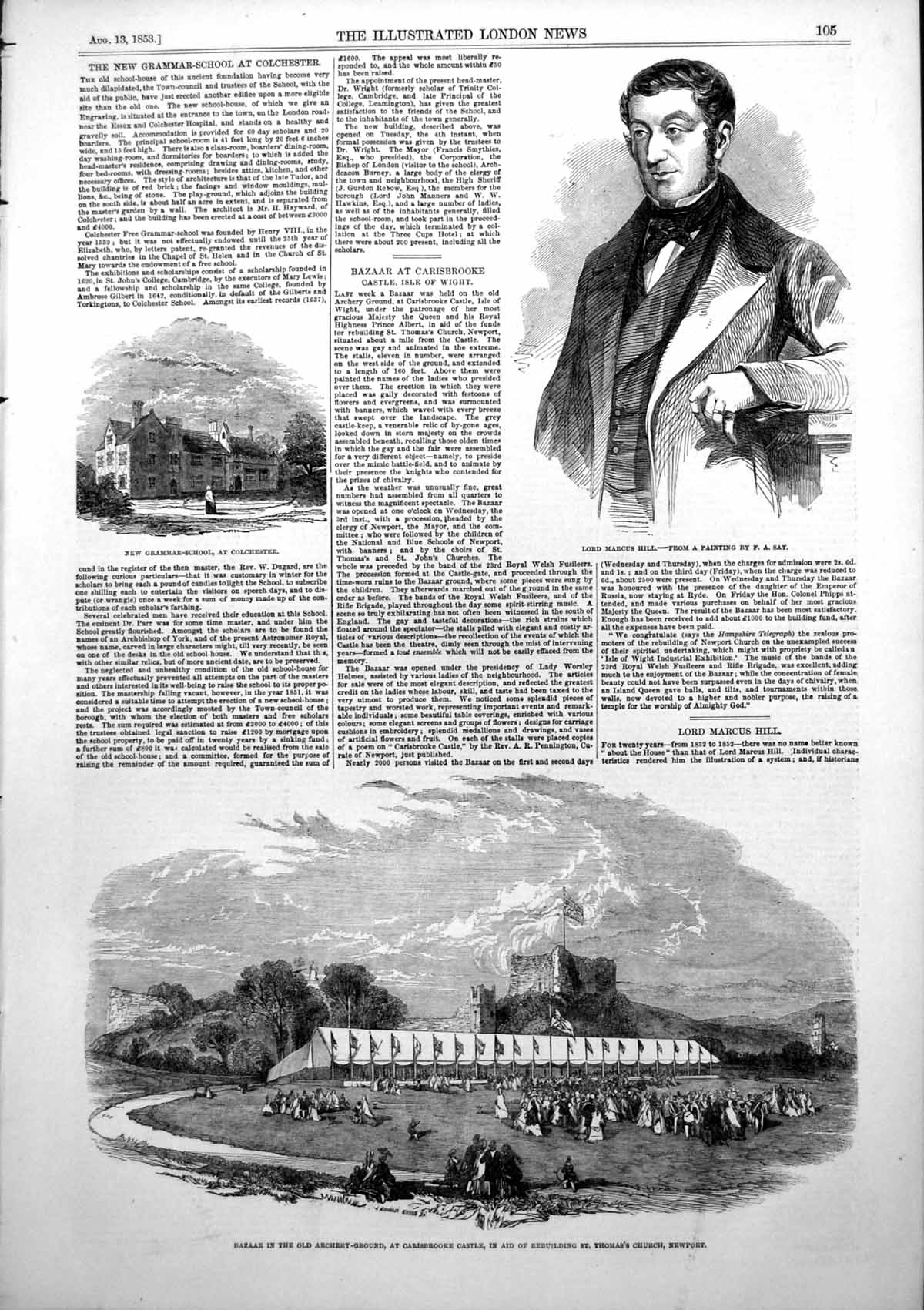 Old Print Lord Marcus Hill Bazaar Carisbrooke Castle Rebuild Church 1853 19th
