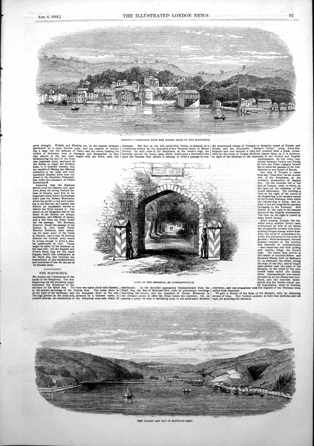 Antique Old Print Terapia Gate Seraglio Constantinople Bouyouk Derf Bay 1853