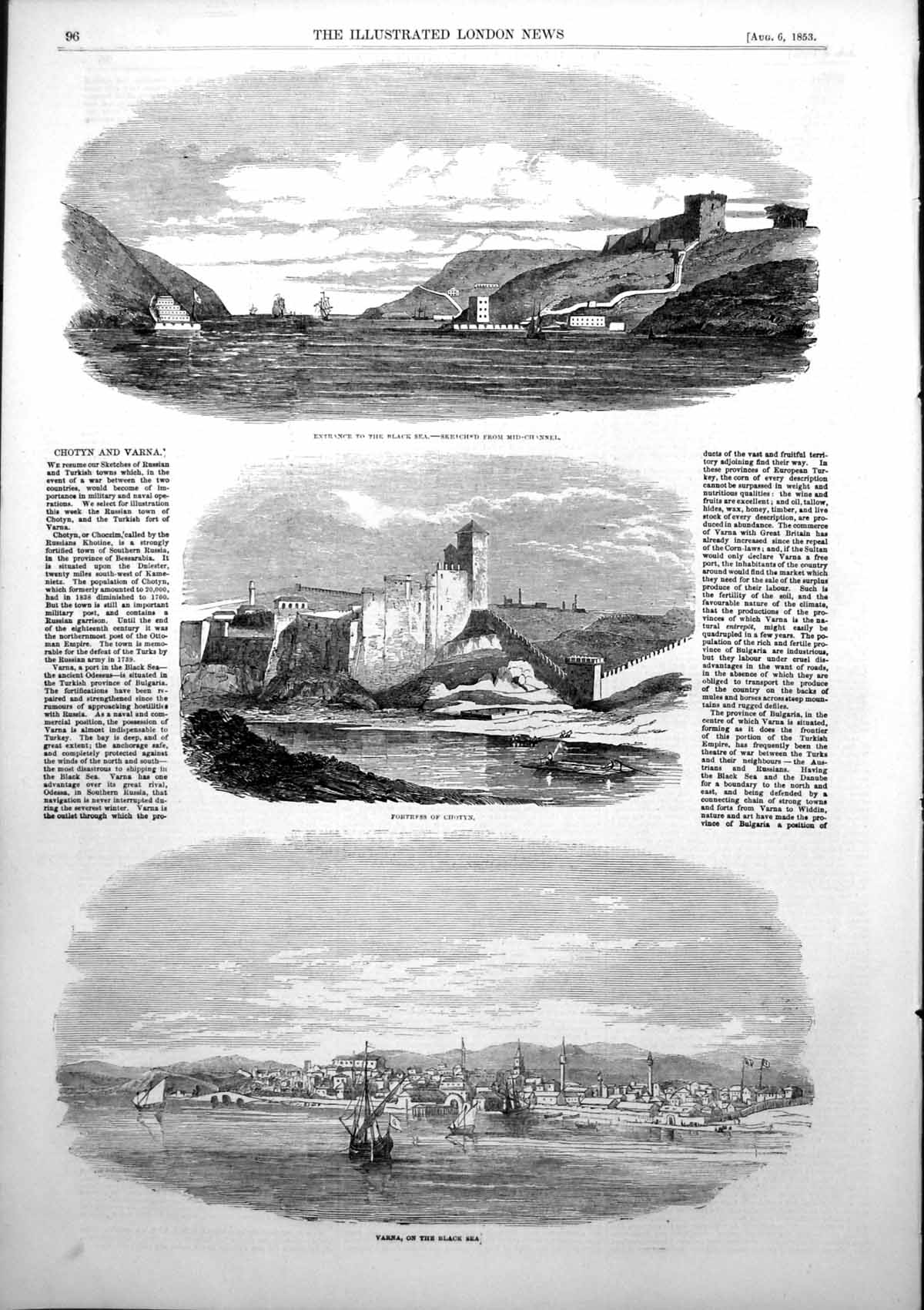 Old Antique Print Fortress Chotyn Varna Black Sea Entrance Black Sea 1853 19th