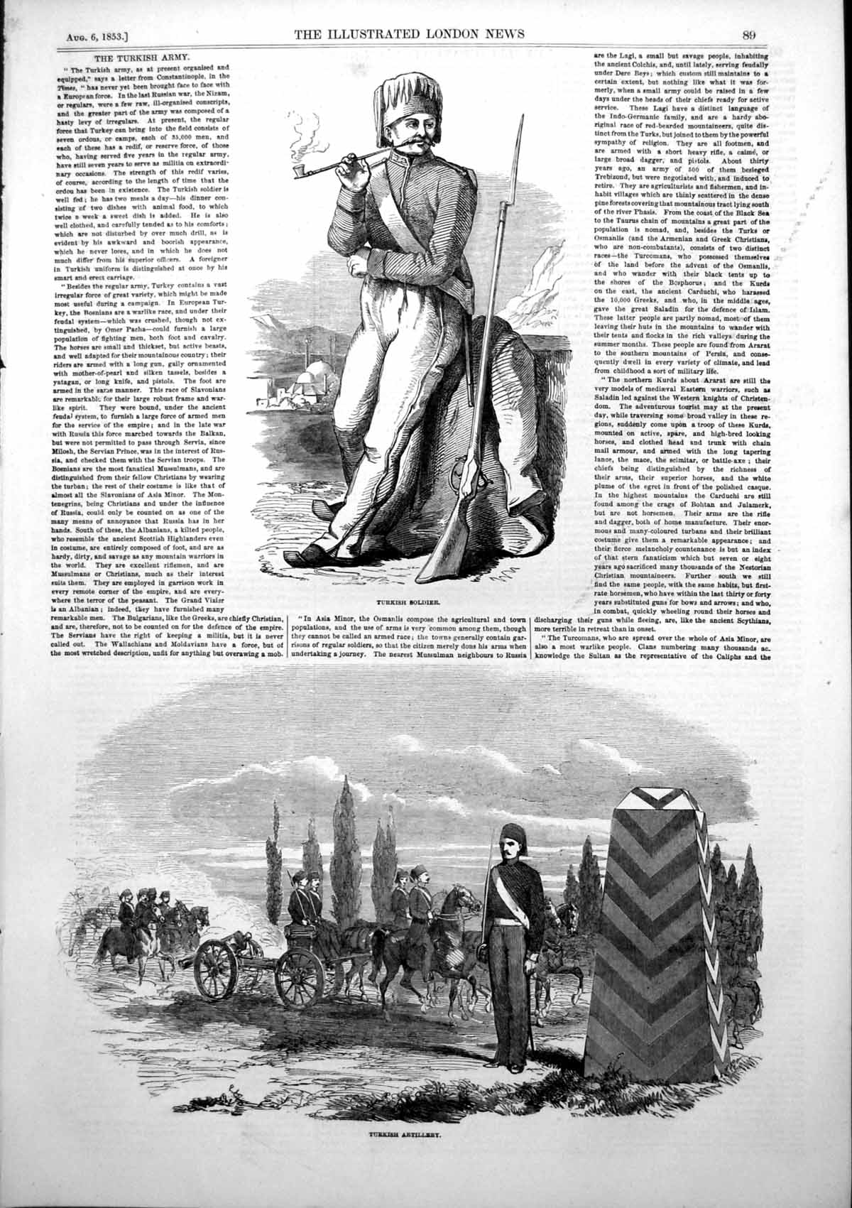 Antique Old Print Turkish Sier Army Rifle Turkish Artillery Horses Guns 1853