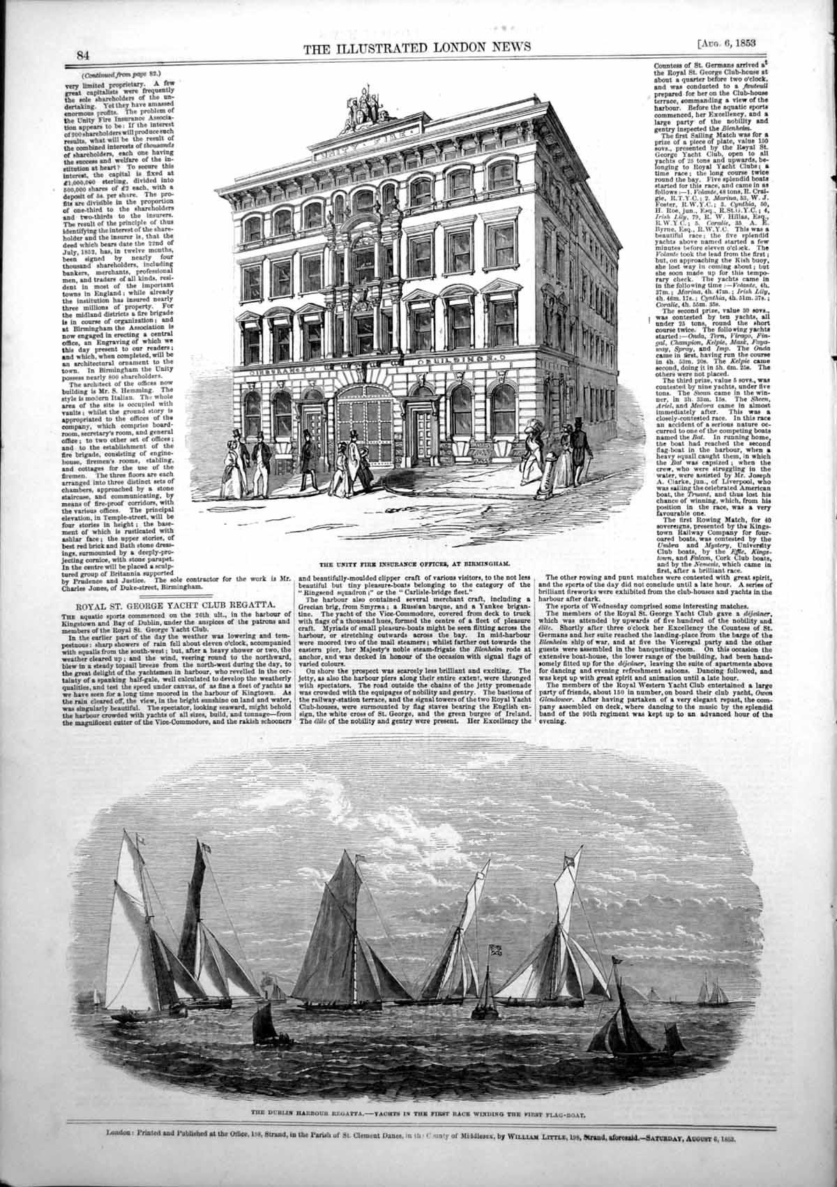 Antique Old Print Unity Fire Insurance Birmingham Dublin Harbour Regatta 1853