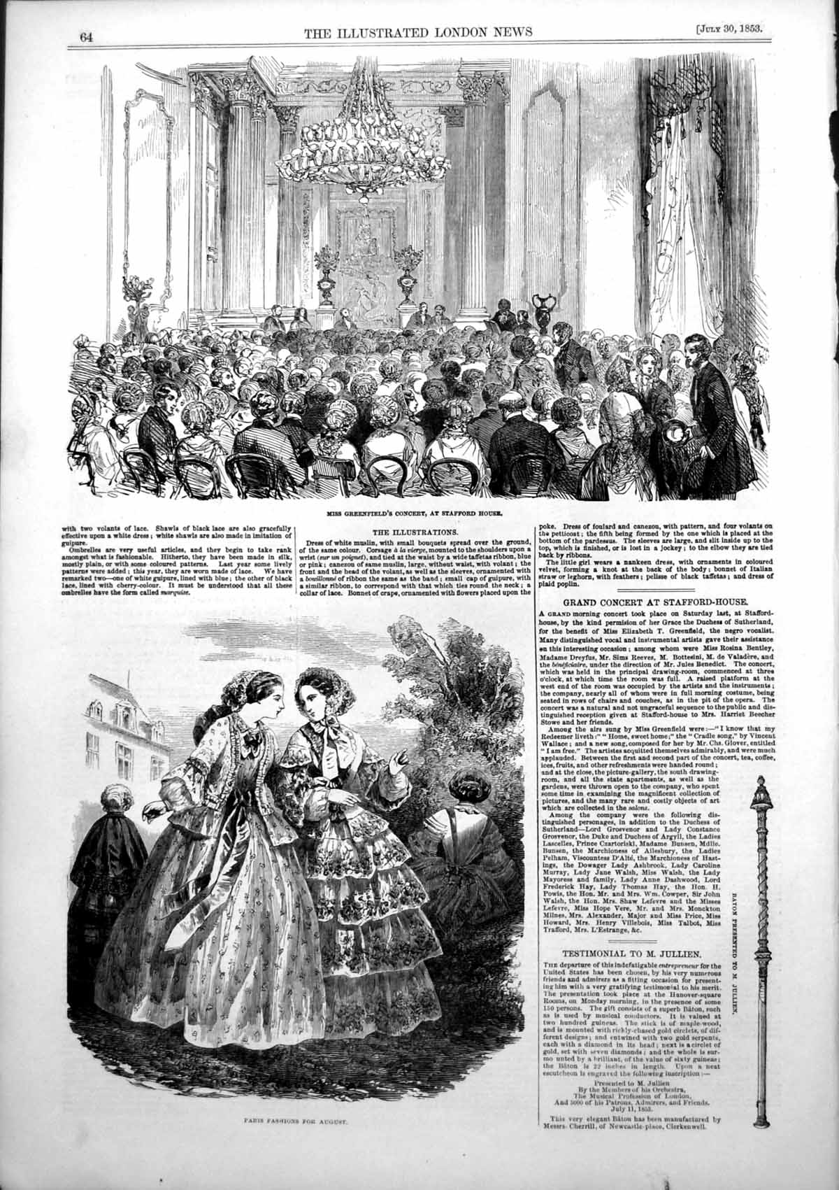 Antique Old Print Miss Greenfields Concert Stafford House Baton M Julien 1853