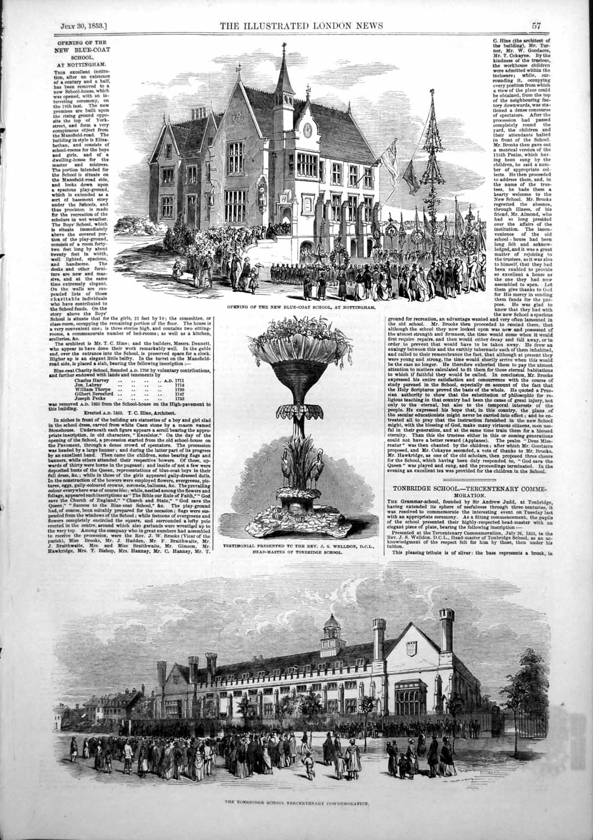 Old Antique Print New Blue Coat School Nottingham Tonbridge School 1853 19th