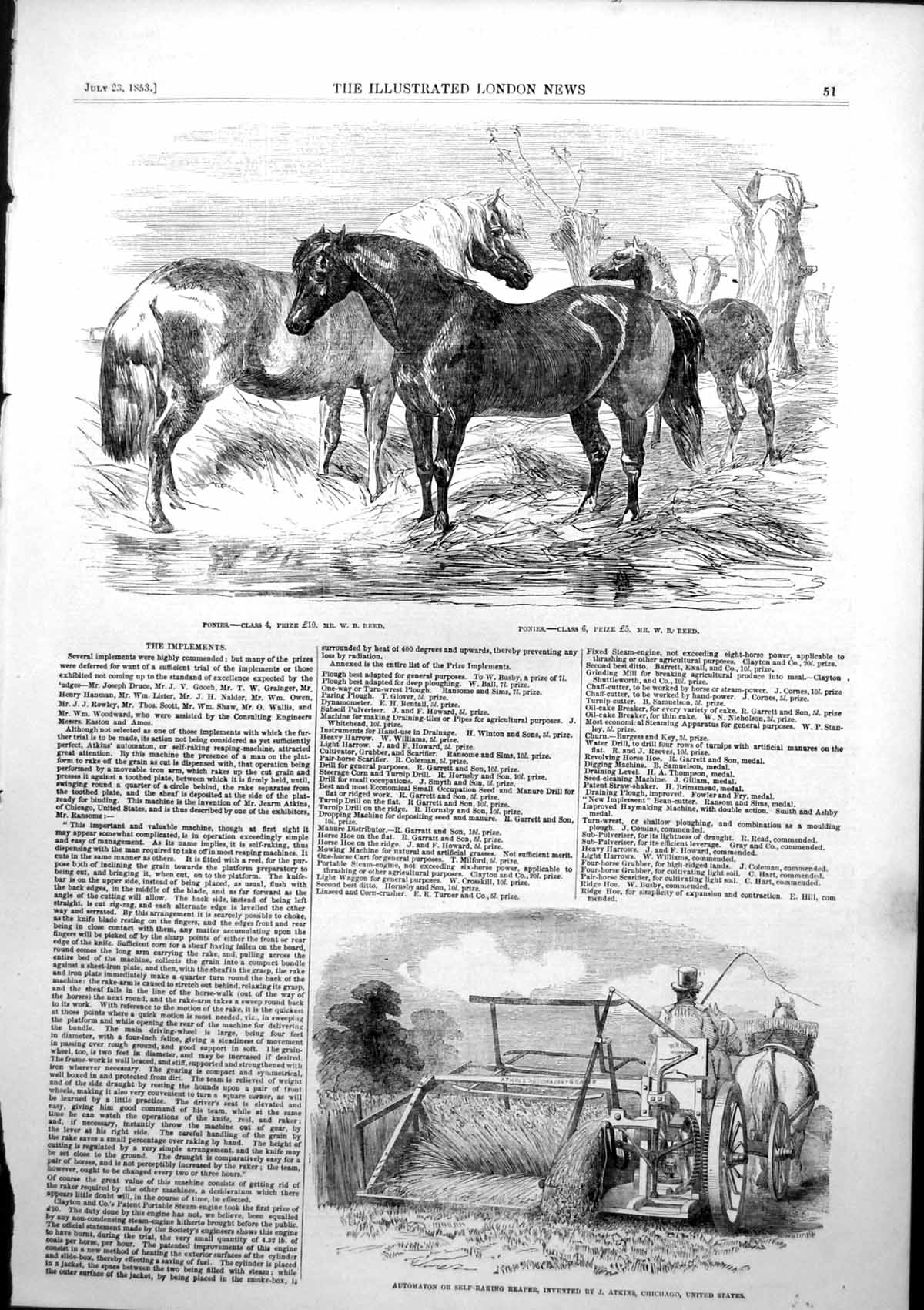 Antique Old Print Automation Self Raking Reaper J Atkins Chicago Ponies 1853