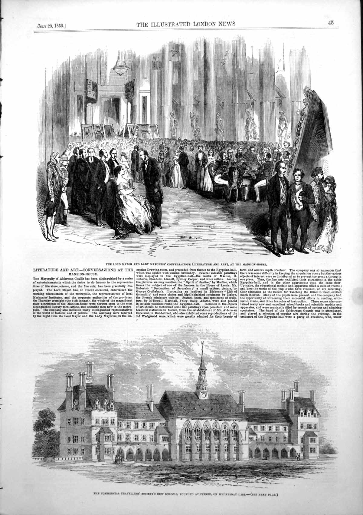 Antique Old Print Mayors Conversazione Mansion House Travellers School 1853