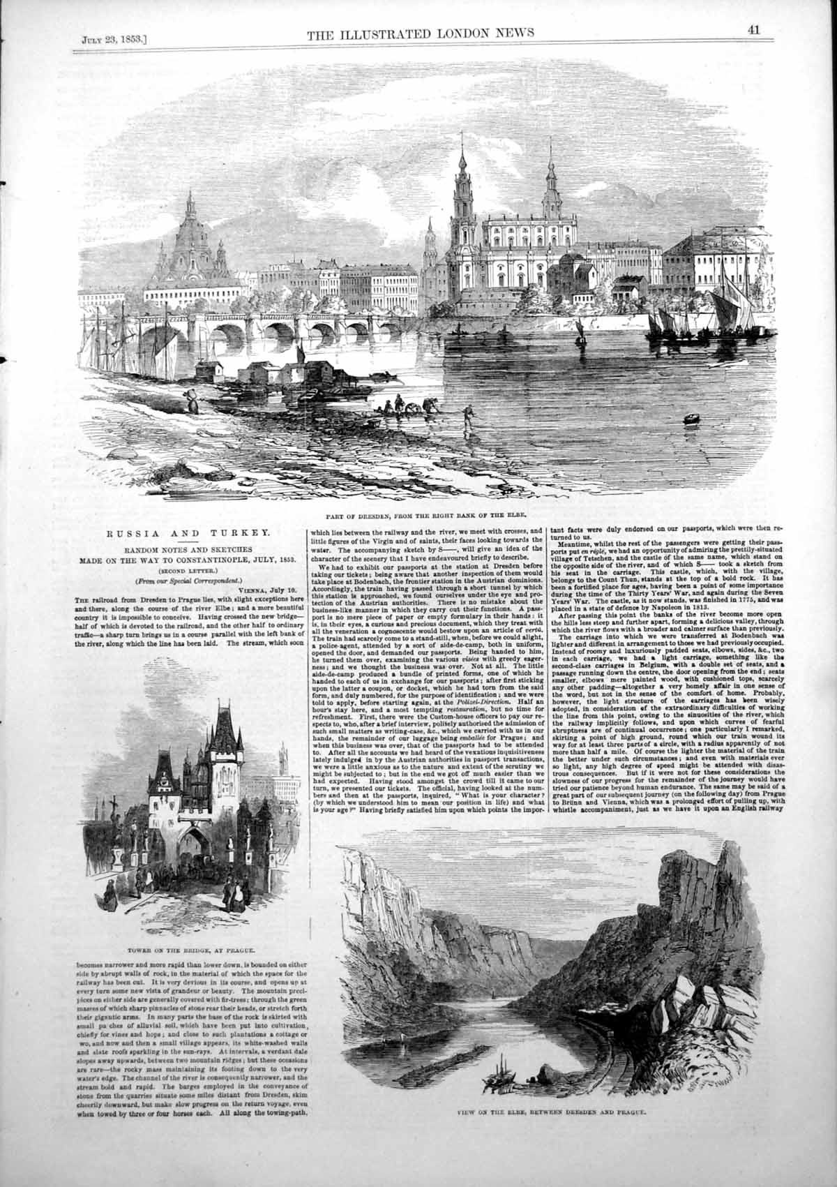 Antique Old Print Dresden Elbe Tower Bridge Prague Elbe Dresden Prague 1853
