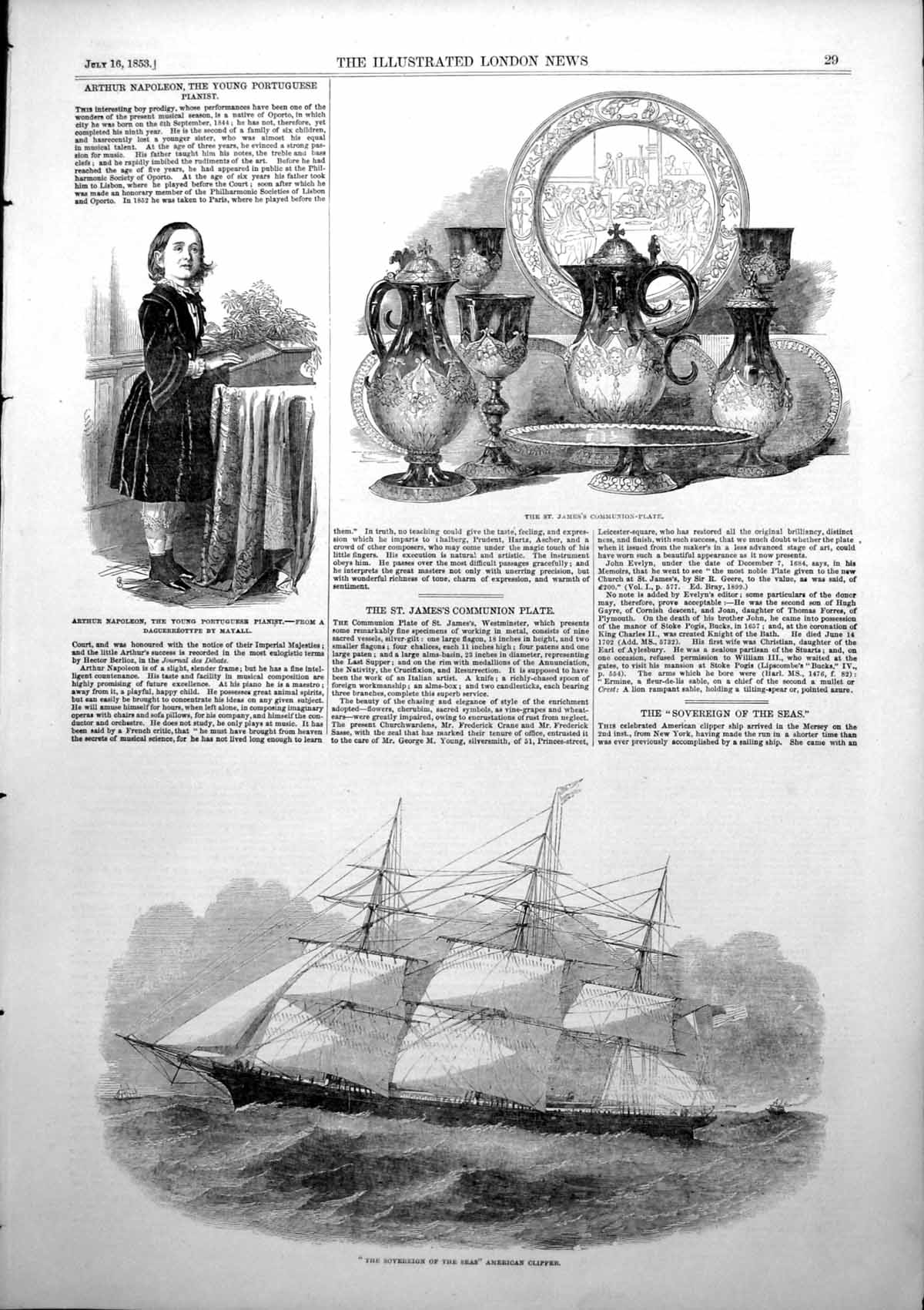 Antique Print Sovereign Seas American Clipper Arthur Napoleon Pianist 1853 19th