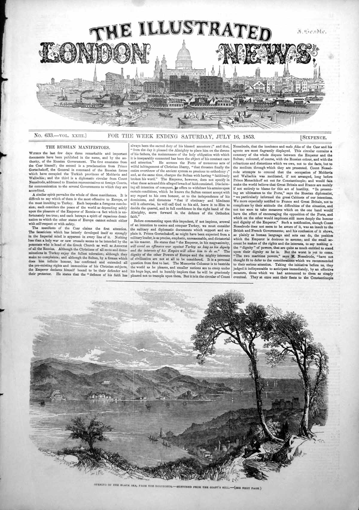 Original Old Antique Print Opening Black Sea From Bosphorus Giants Hill 1853