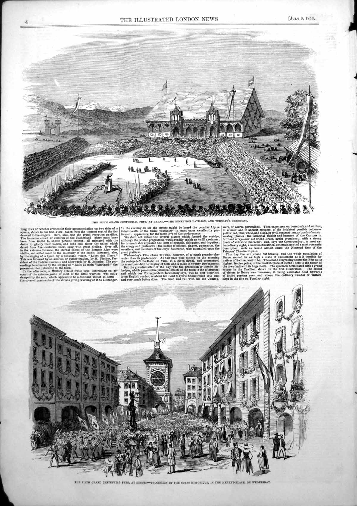 Antique Old Print Fifth Grand Centennial Fete Berne Reception Pavilion 1853