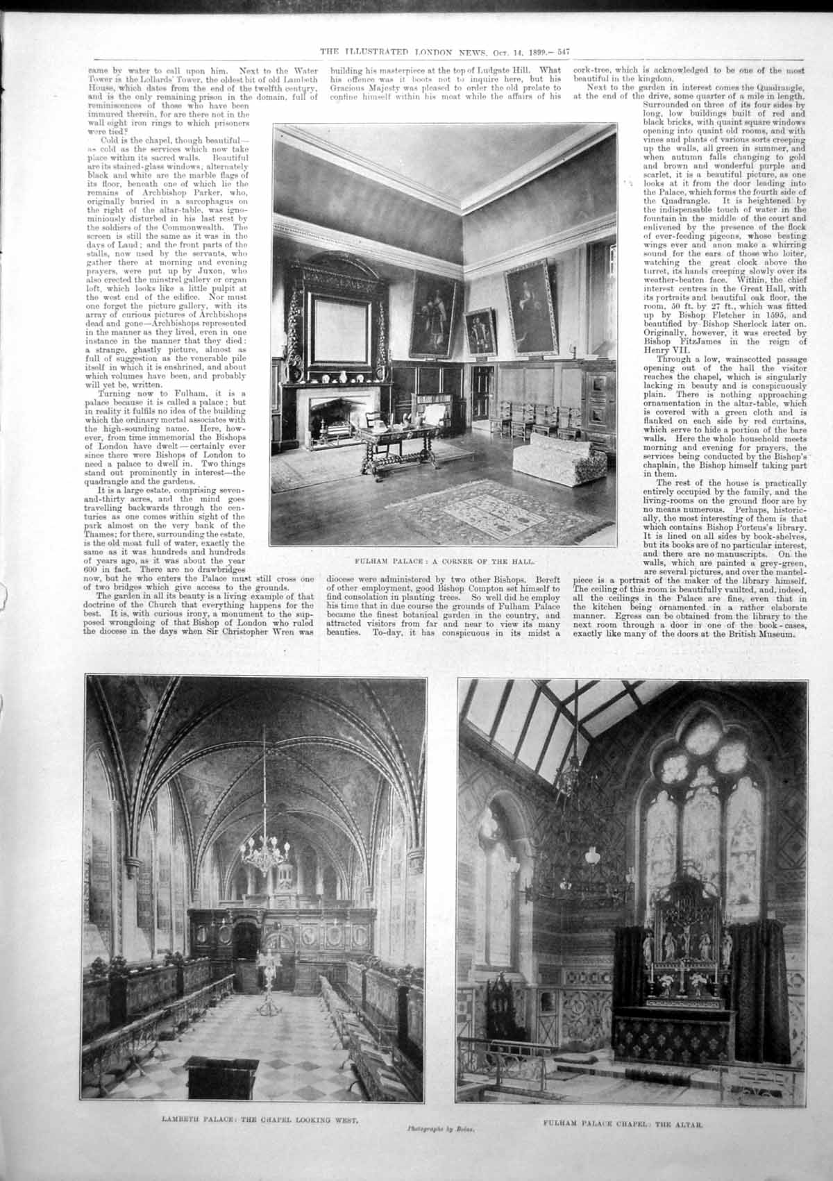 Antique Old Print Lambeth Palace Chapel Fulham Palace Chapel Altar Hall 1899
