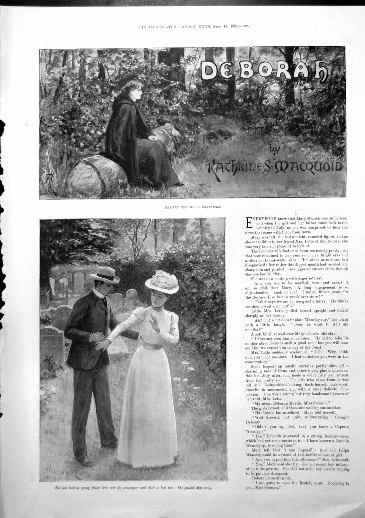 Antique Old Print Deborah Kathrine Macquoid Couple Cemetery Kiss Pushes 1899