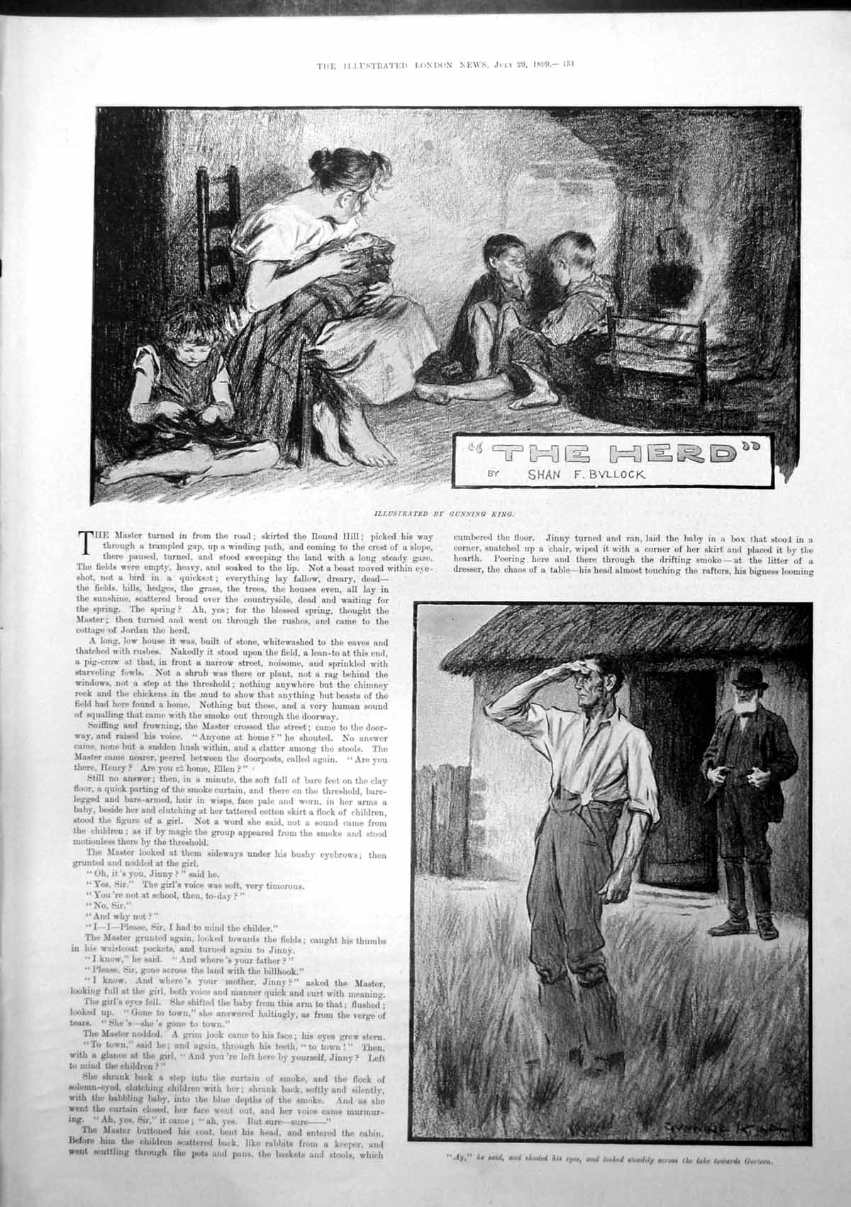 Antique Old Print Herd Shan Bvllock Gunning King Man Looks Lake Gorteen 1899