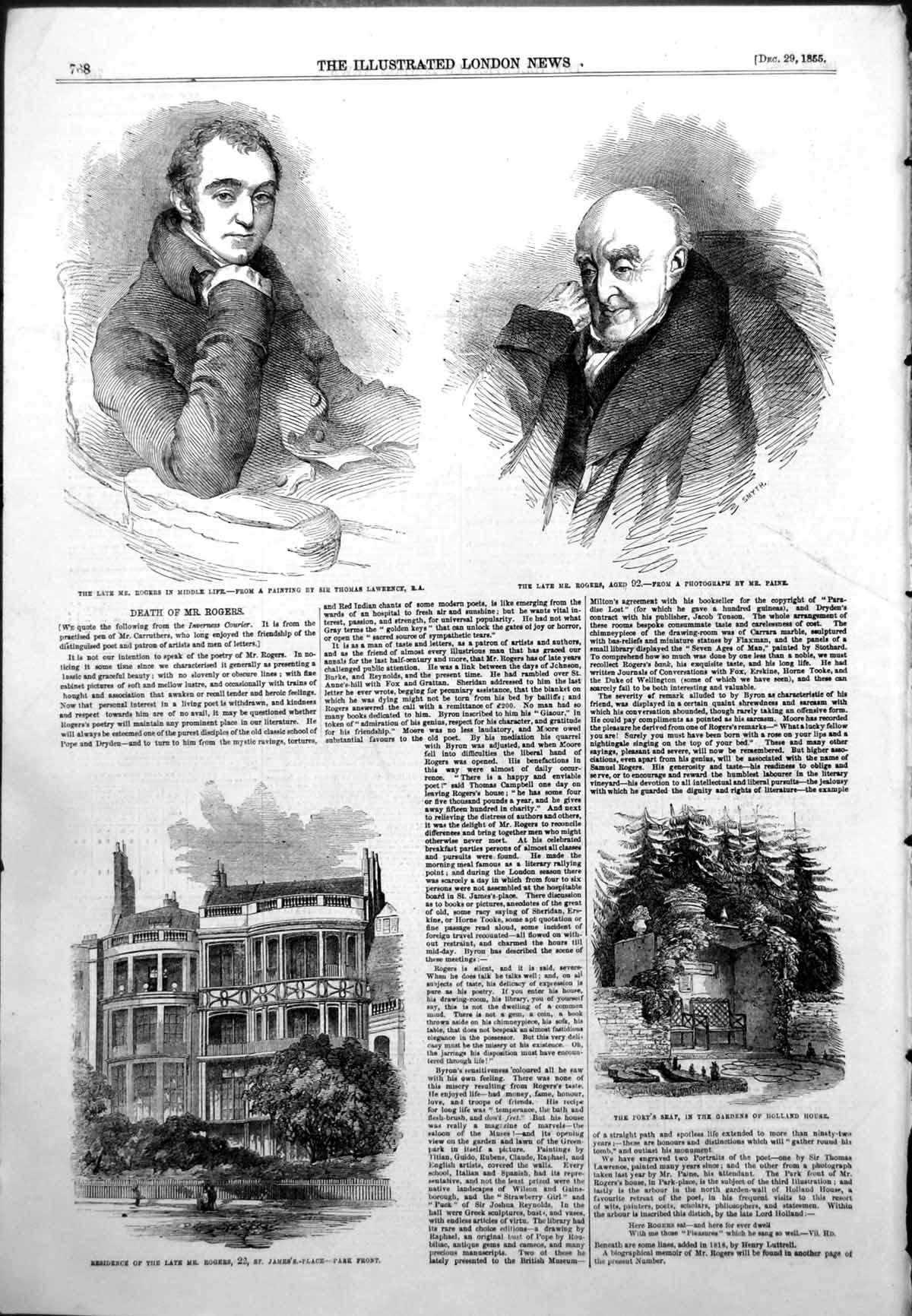 Antique Old Print Death Mr Rogers Residence St James Place Poets Seat 1855 19th
