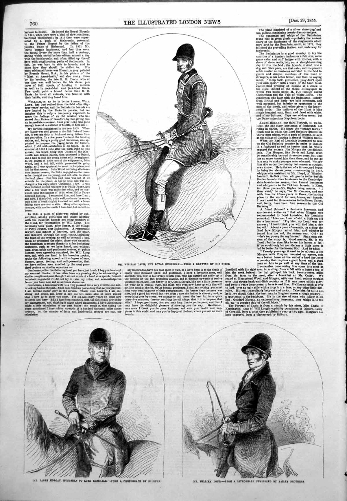 Antique Old Print William Davis Royal Huntsman James Morgan William Long 1855