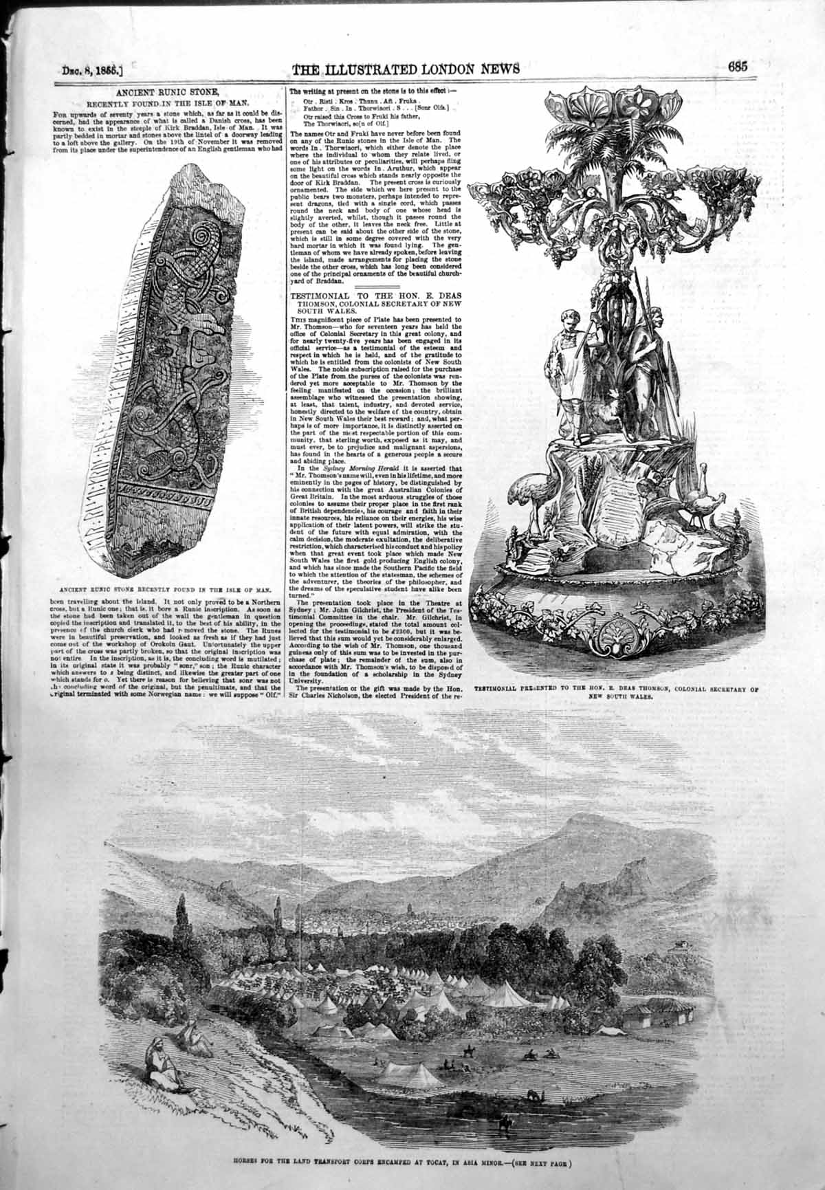 Antique Old Print Horses Land Transport Corps Tocat Ancient Runic Stone 1855
