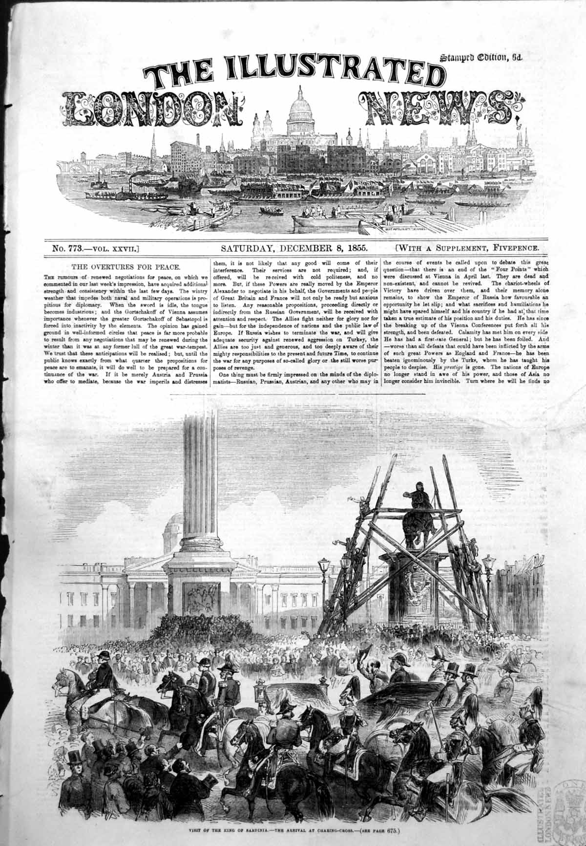 Old Antique Print Visit King Sardinia Arrival Charing Cross Crowds 1855 19th