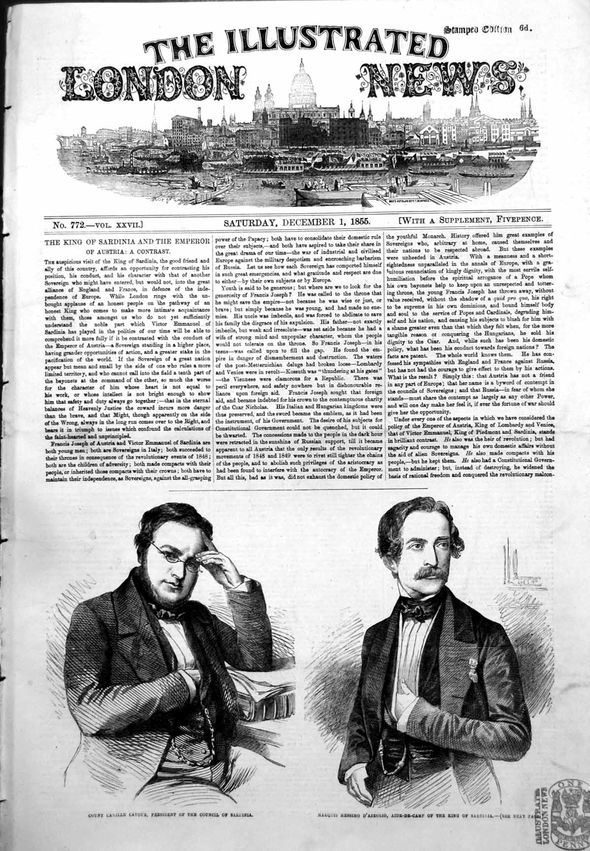 Antique Print Count Camille Cavour Sardinia Marquis Messimo D'Azeglio 1855 19th