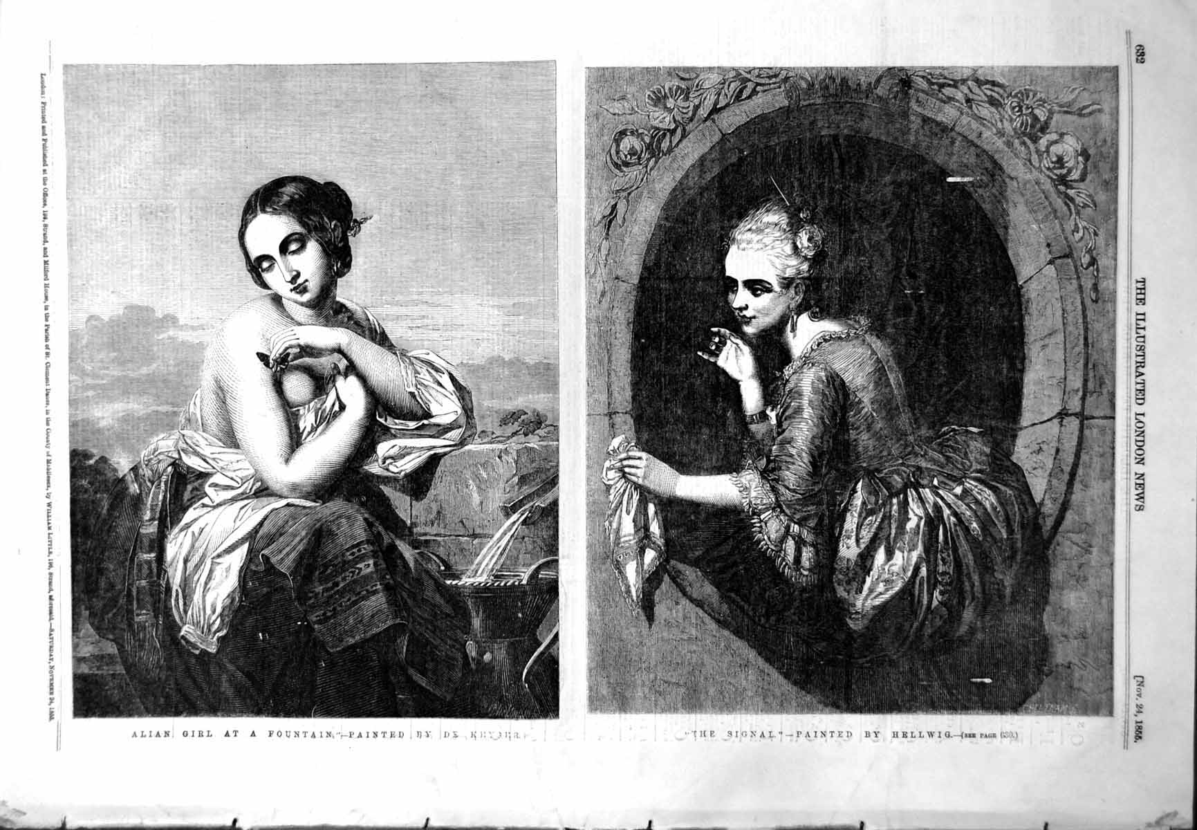 Original Old Antique Print Alian Girl Fountain De Khyser Signal Hellwig 1855