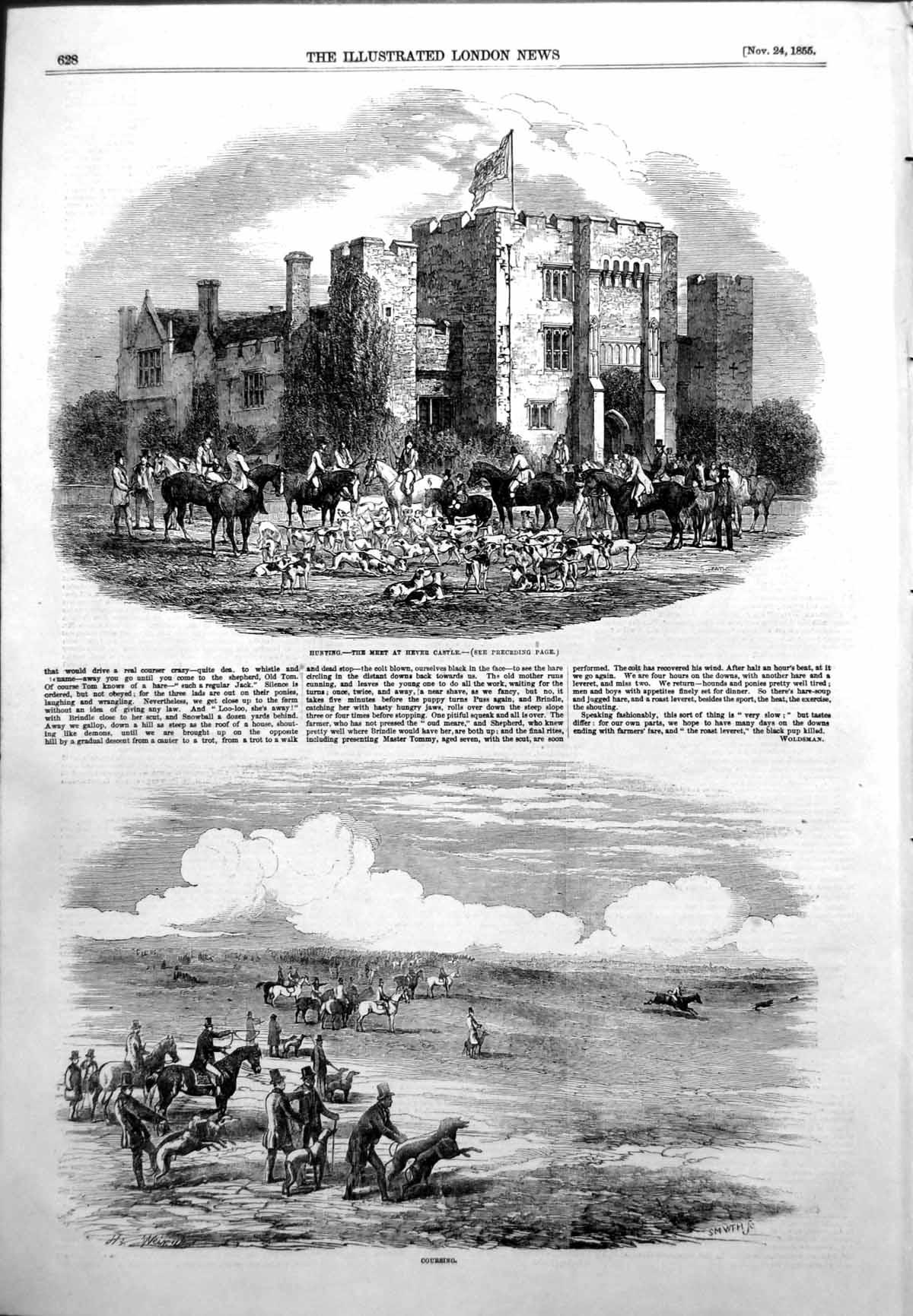 Original Old Antique Print Hunting Meet Hever Castle Coursing No Jockeys 1855