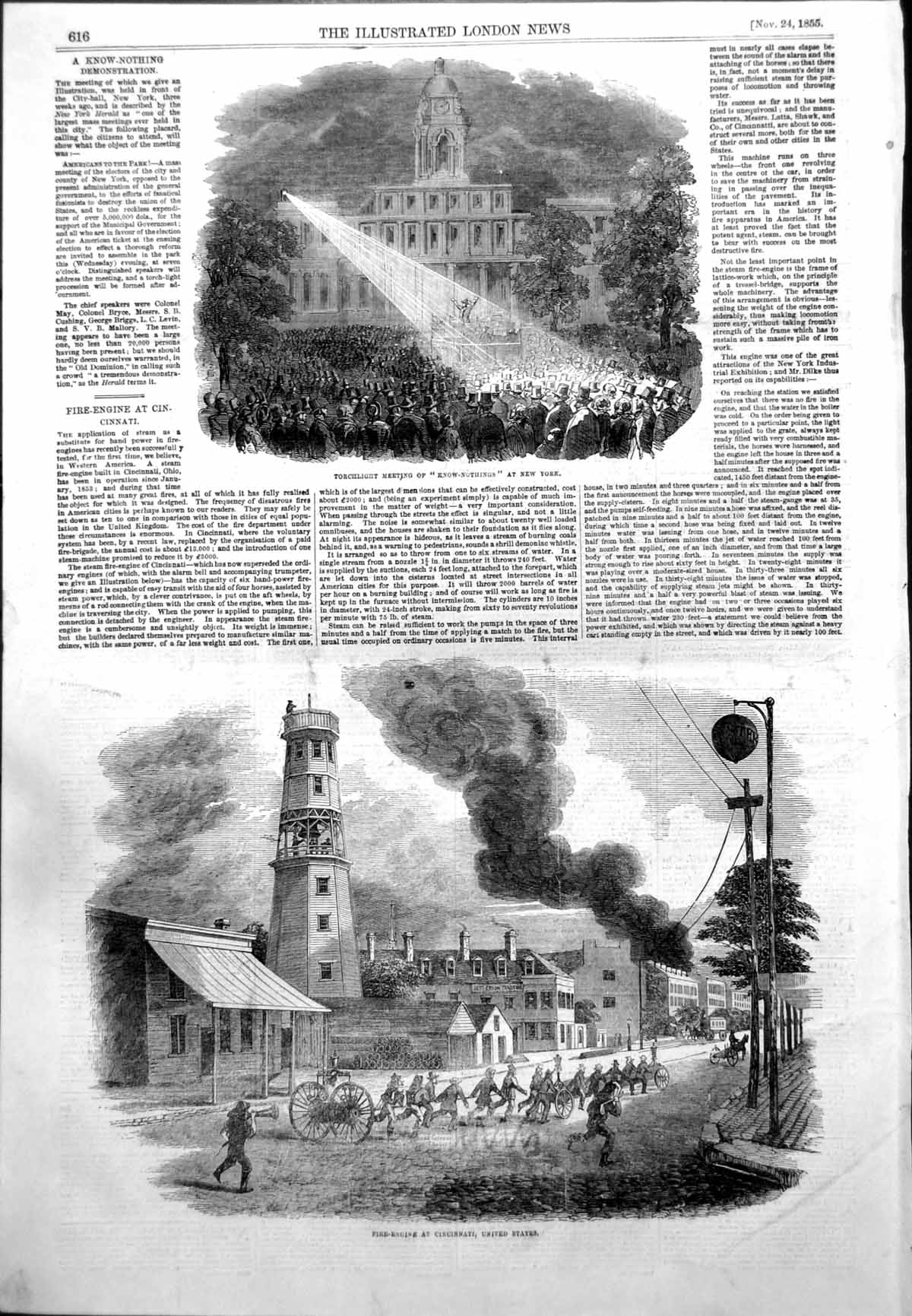 Antique Print Meeting Know Nothings New York Fire Engine Cincinnati Us 1855