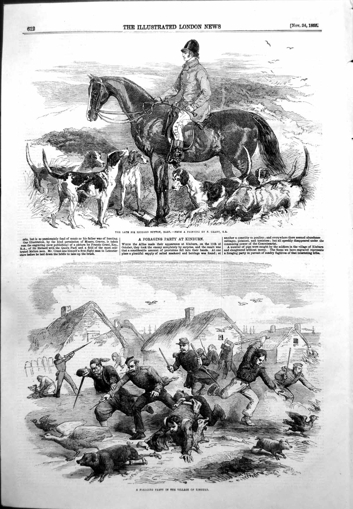 Old Print Foracing Party Village Kinburn Sir Richard Sutton F Grant 1855 19th