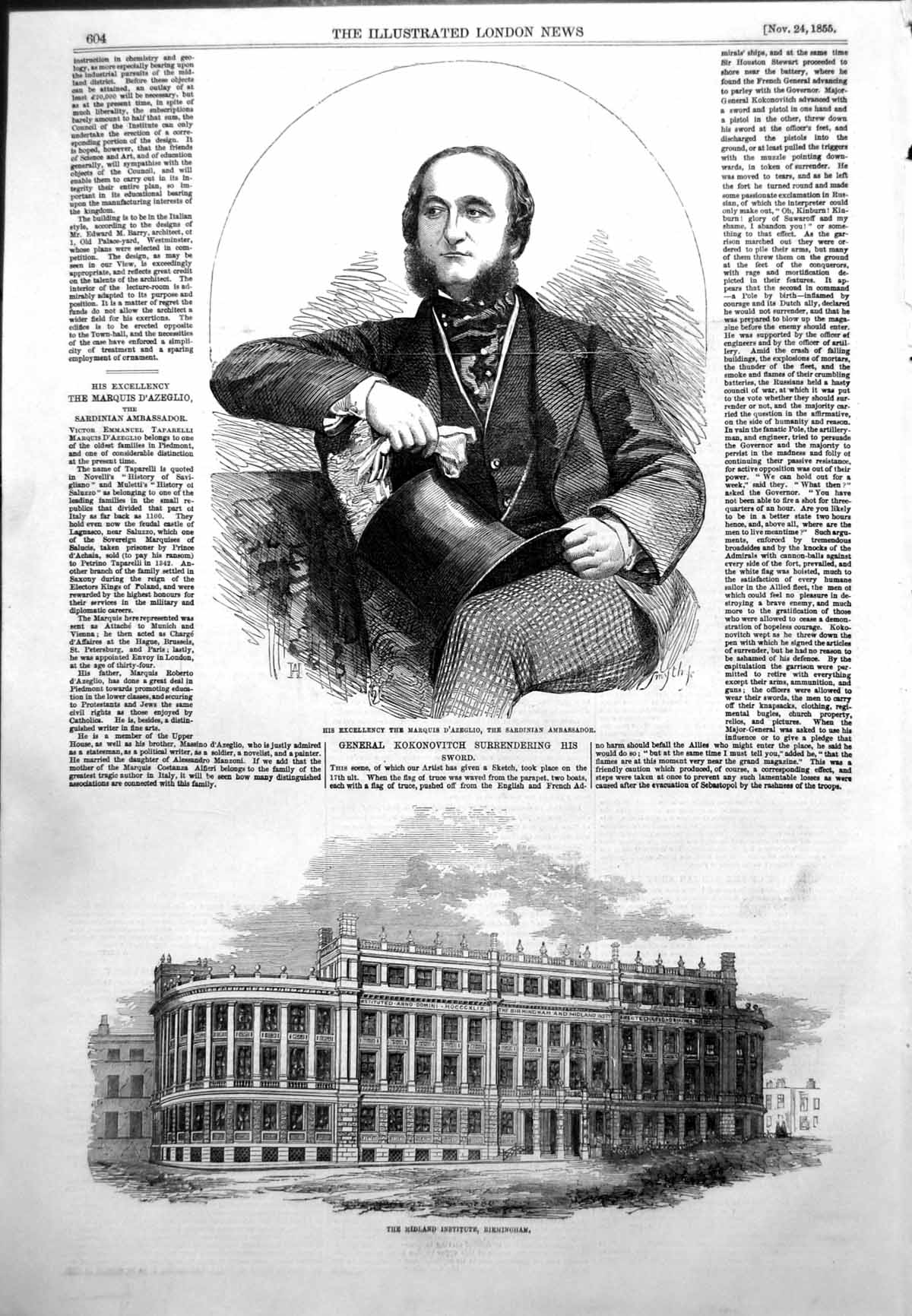 Antique Print Midland Institute Birmingham Marquis D'Azeglio Sardinia 1855 19th