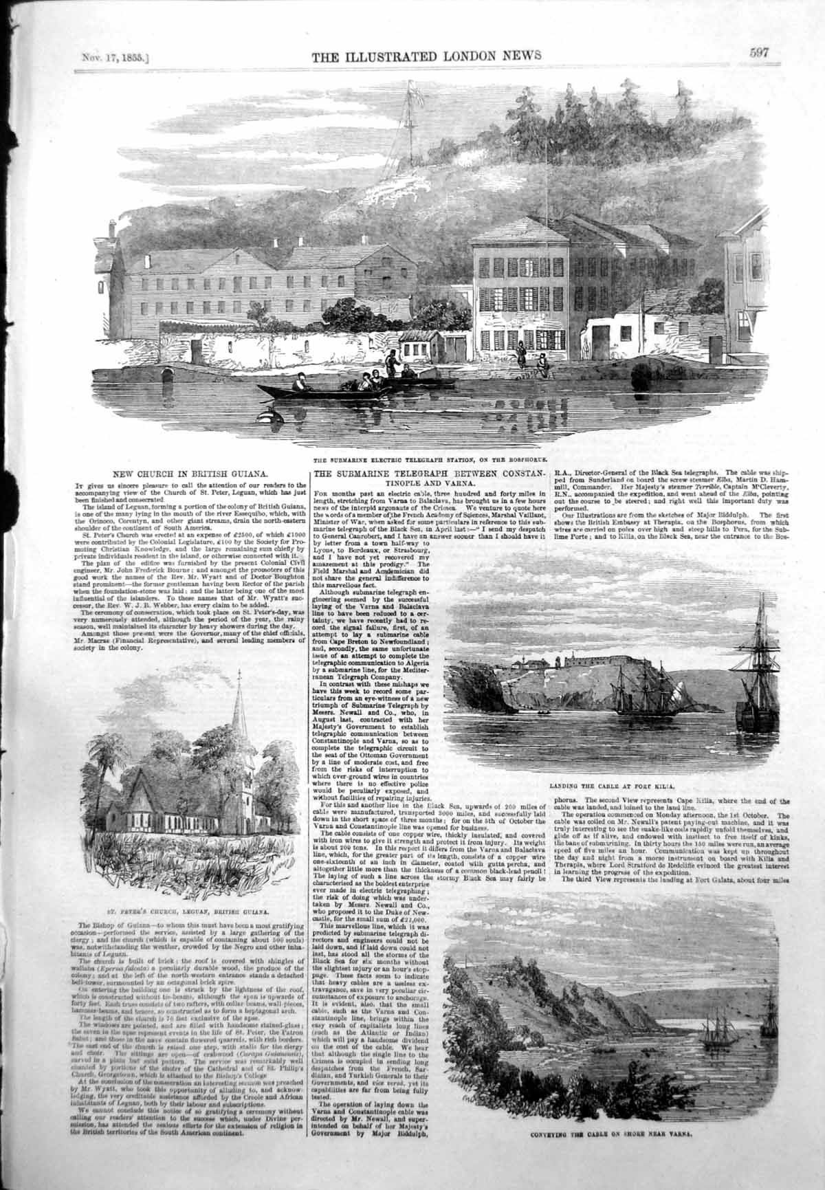 Antique Old Print Submarine Telegraph Constantinople Varna Fort Kilia 1855 19th
