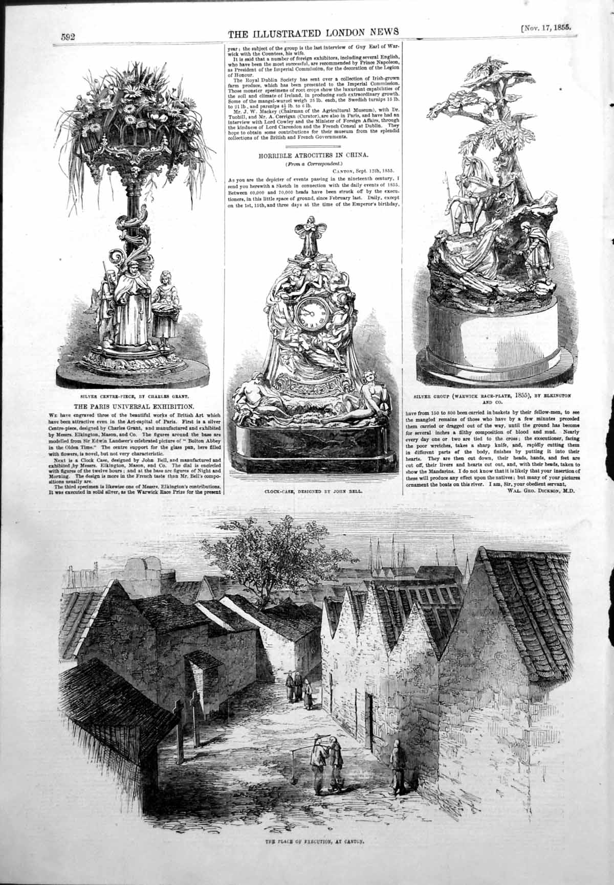 Original Old Antique Print Place Execution Canton Clock Case John Bell 1855
