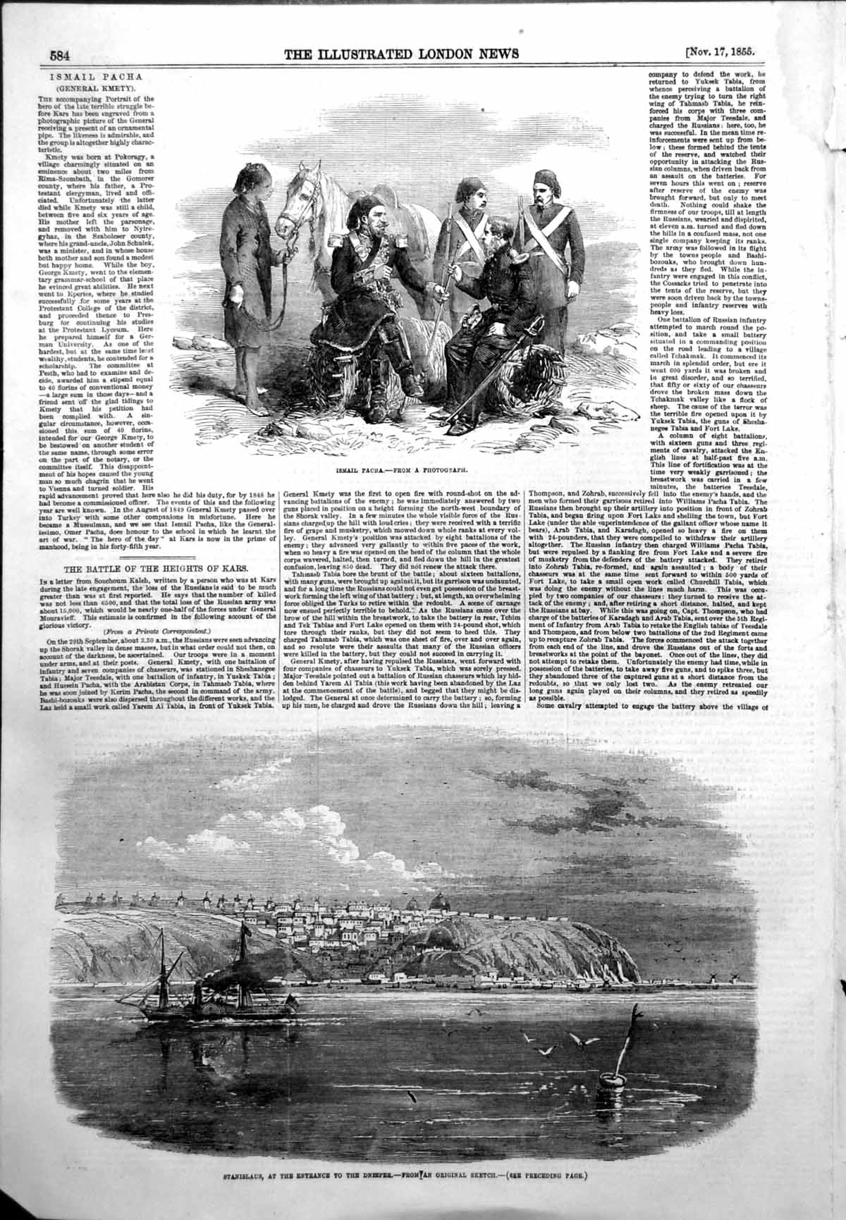 Antique Old Print Ismail Pacha General Kmety Stanislaus Entrance Dnieper 1855