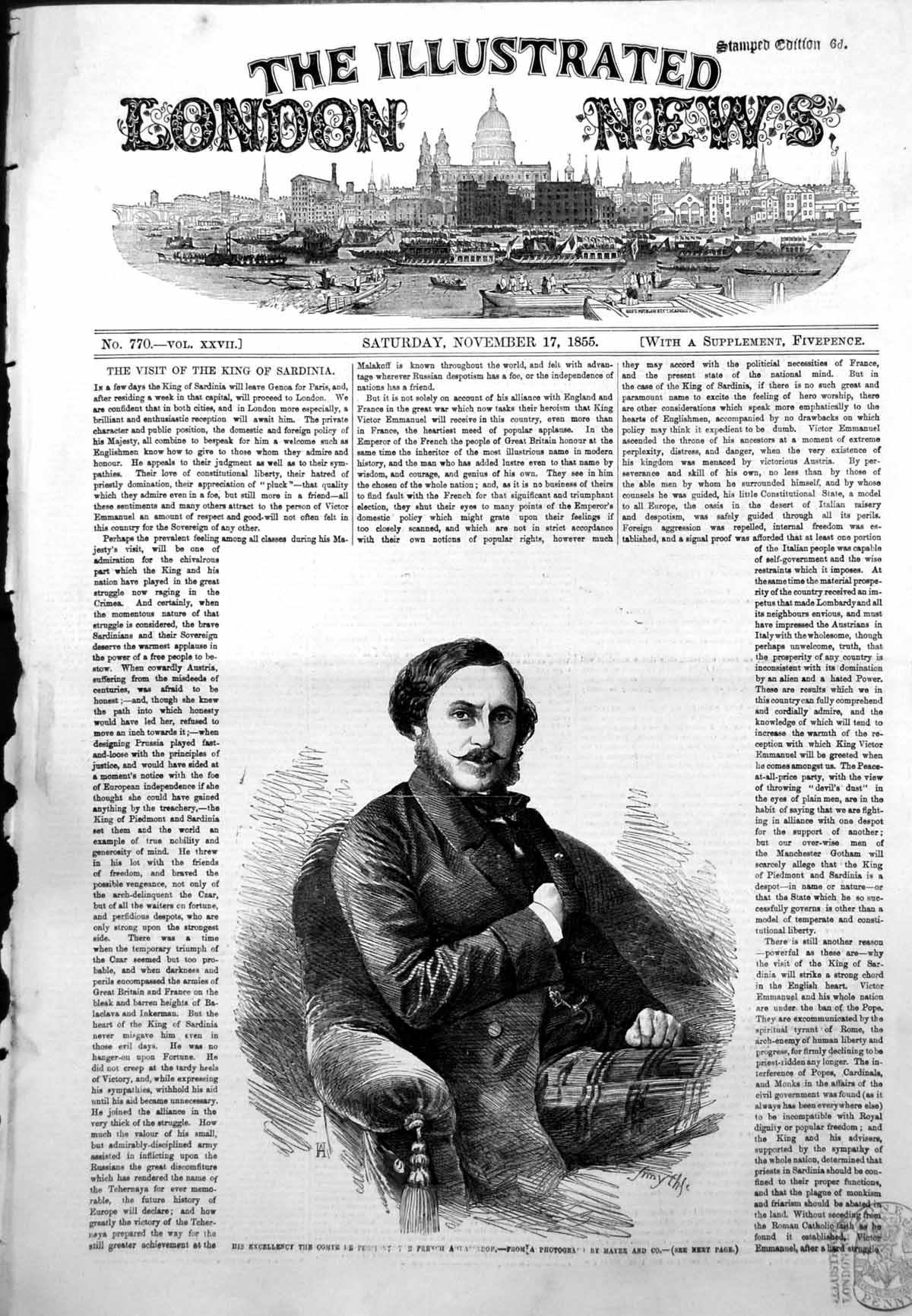 Old Antique Print His Excellency French Ambassador Speech Guildhall 1855 19th