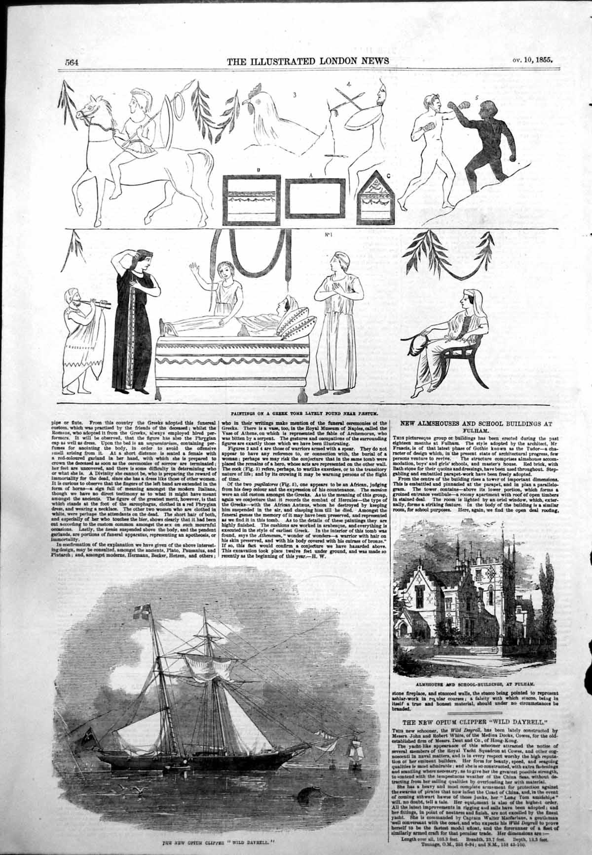 Old Antique Print Opium Clipper Wild Dayrell Almshouse School Fulham 1855 19th