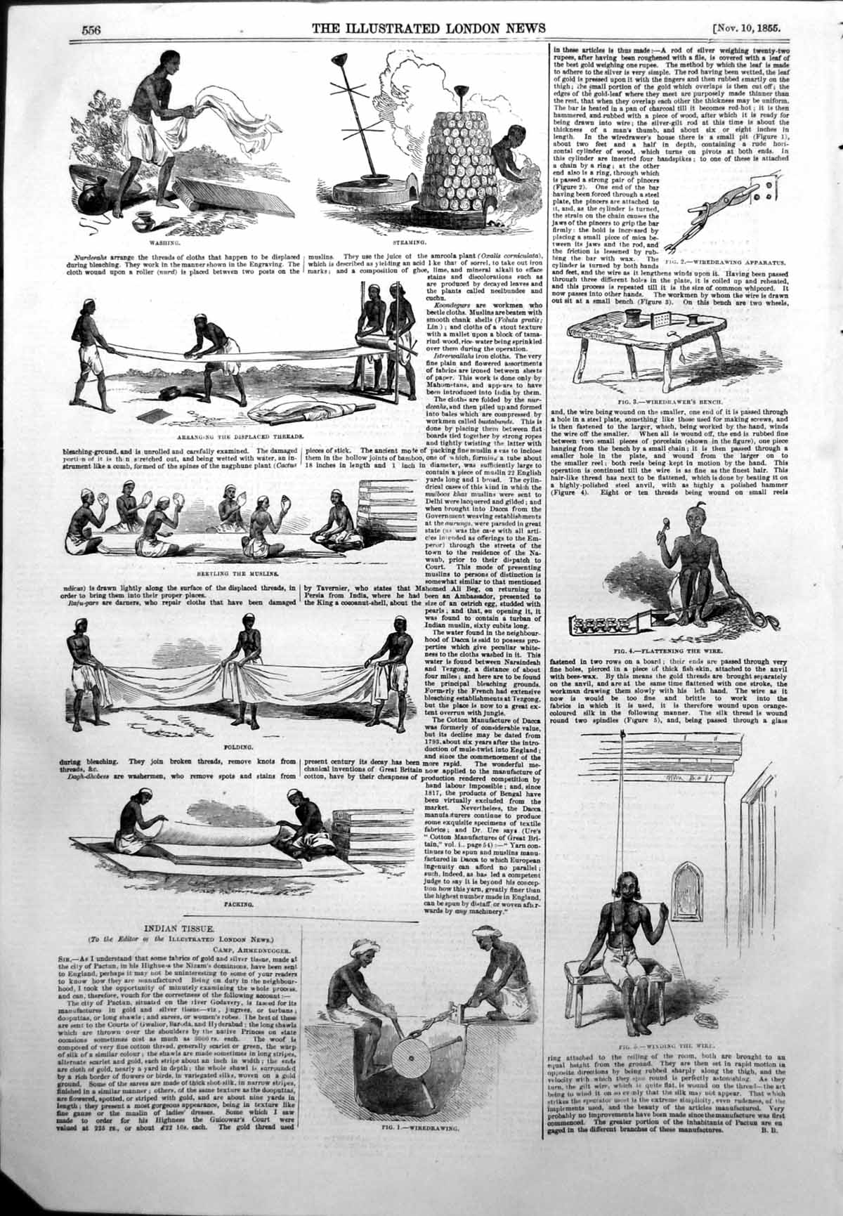 Old Antique Print Indian Cotton Webs Dacca Washing Steaming Packing 1855 19th