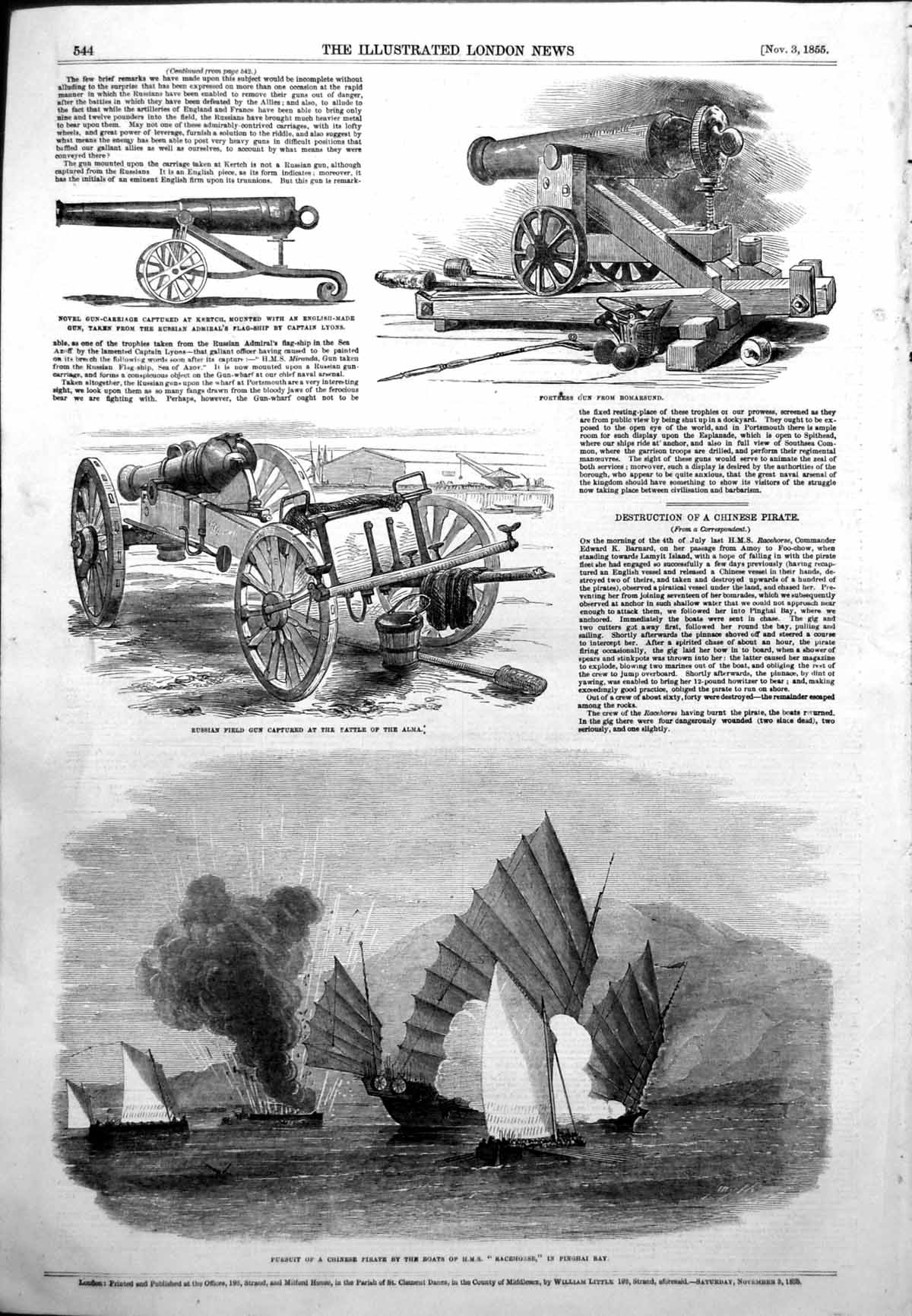 Antique Old Print Pursuit Chinese Pirate Hms Racehorse Russian Field Gun 1855