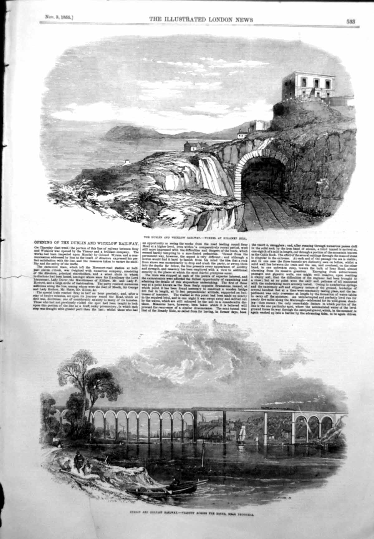 Antique Old Print Dublin Wicklow Railway Killiney Hill Viaduct Drogheda 1855