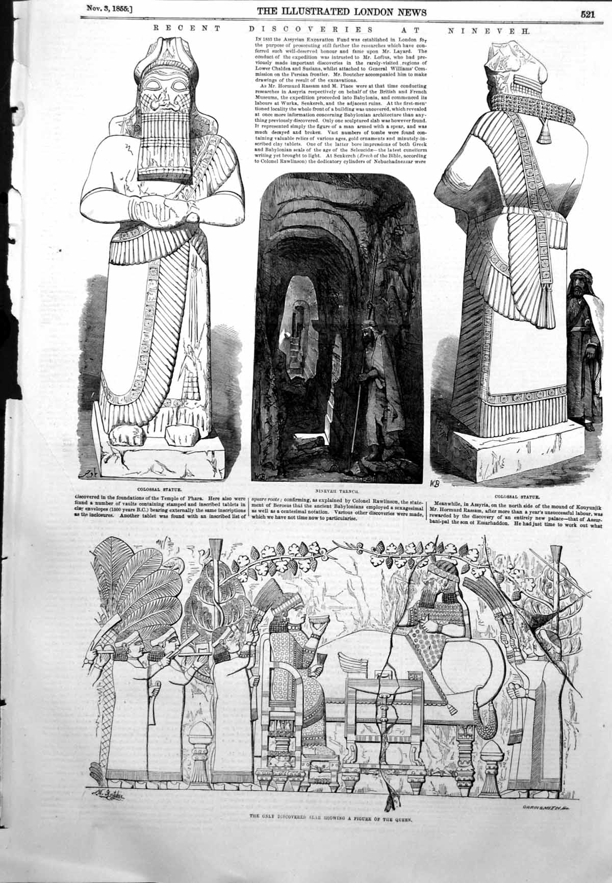 Antique Old Print Discoveries Nineveh Slab Queen Colossal Statue Trench 1855