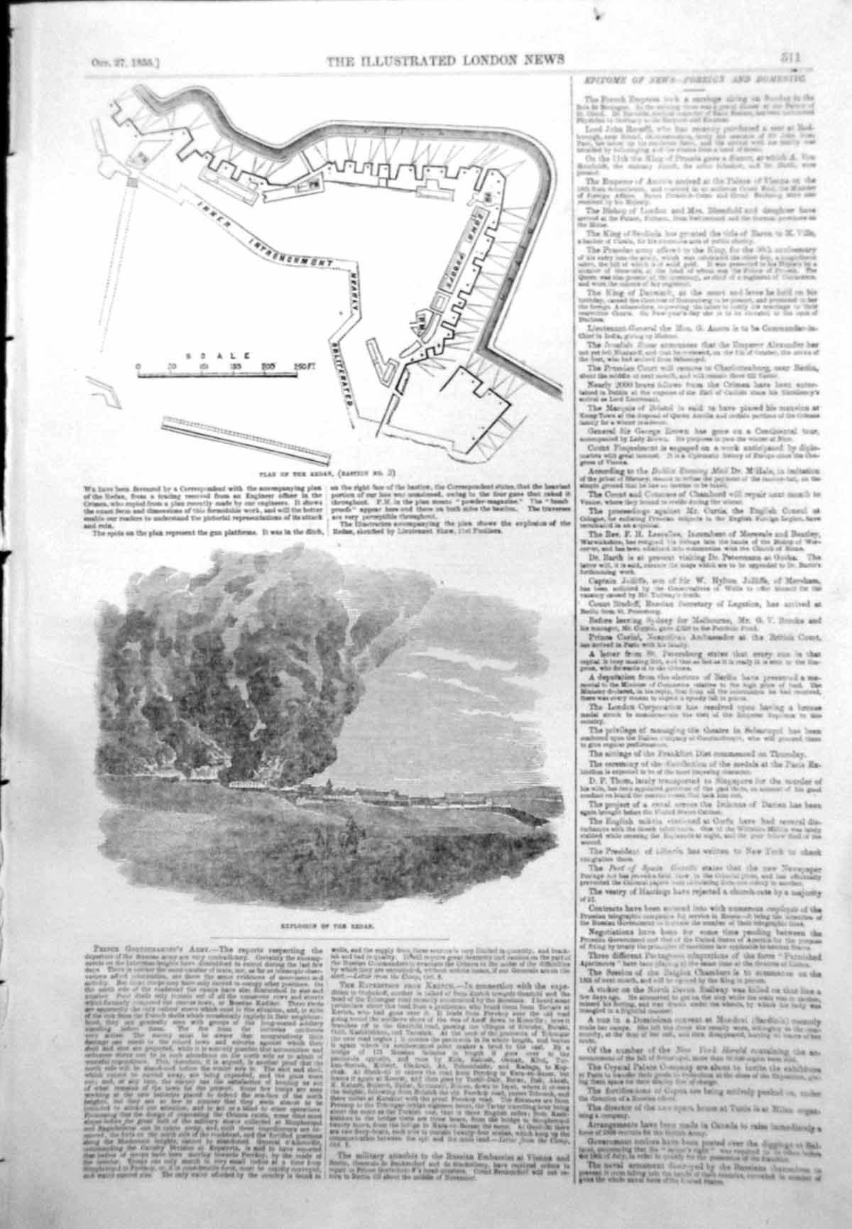 Original Old Antique Print Plan Redan Intrenchments Explosion Redan 1855 19th