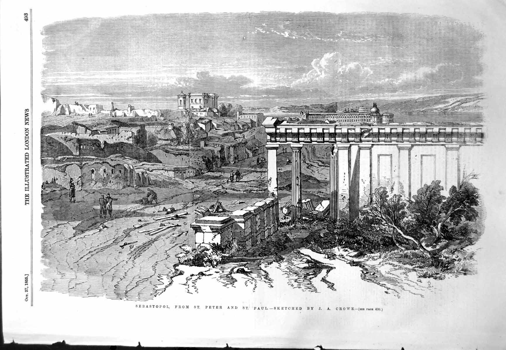Original Old Antique Print Sebastopol From St Peter St Paul Ja Crowe 1855 19th