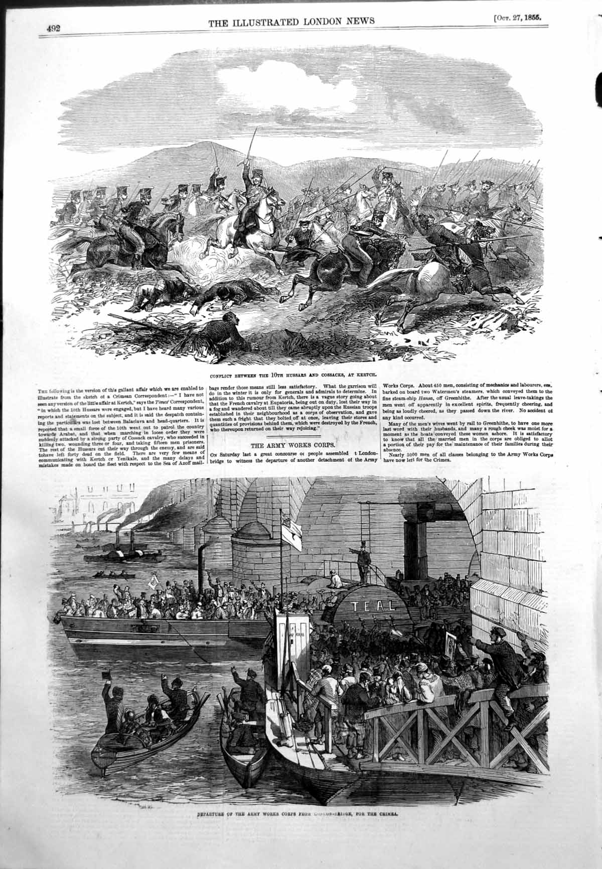 Antique Print Conflict Hussars Cossacks Kertch Depart Army Works Corps 1855