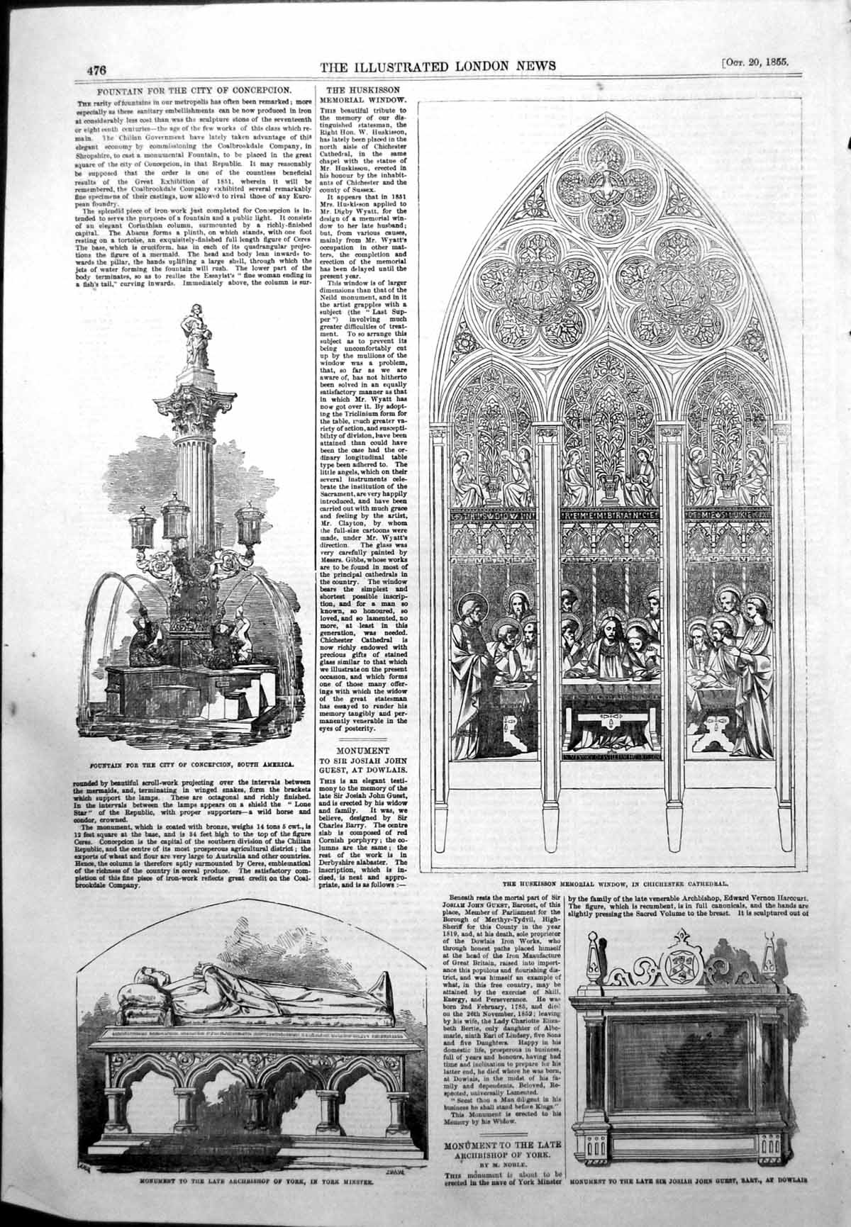 Old Antique Print Monument Archbishop York Huskisson Memorial Window 1855 19th