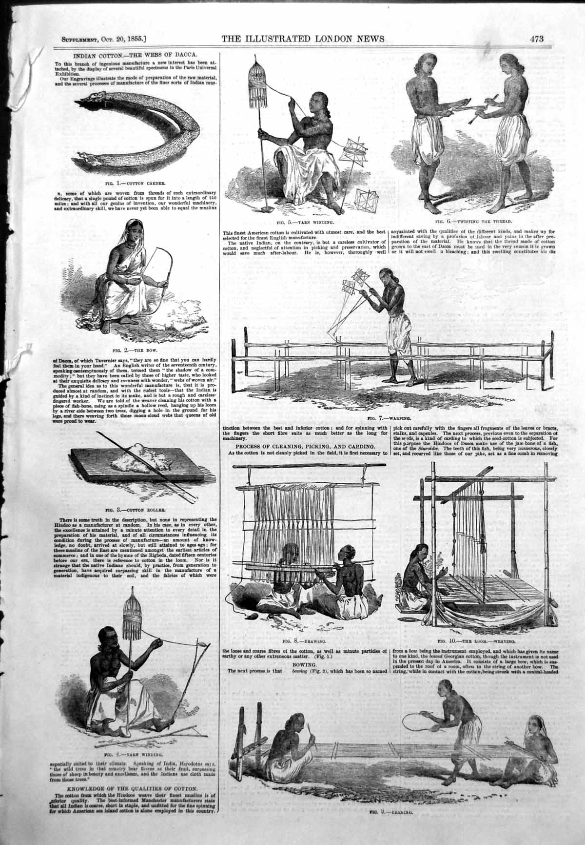 Antique Old Print Indian Cotton Carder Roller Yarn Winding Loom Thread 1855