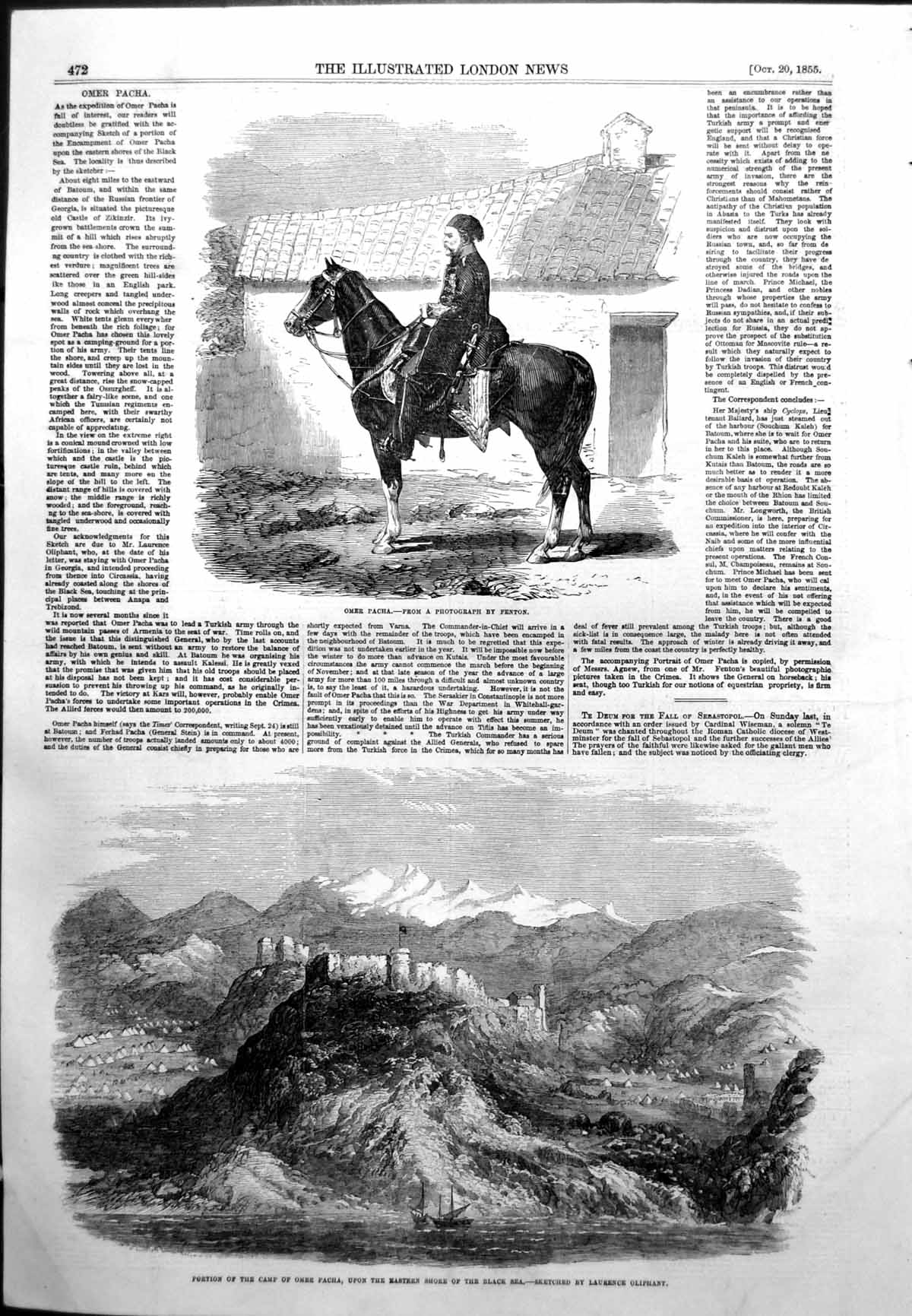 Original Old Antique Print Omer Pacha Camp Eastern Shore Black Sea 1855 19th